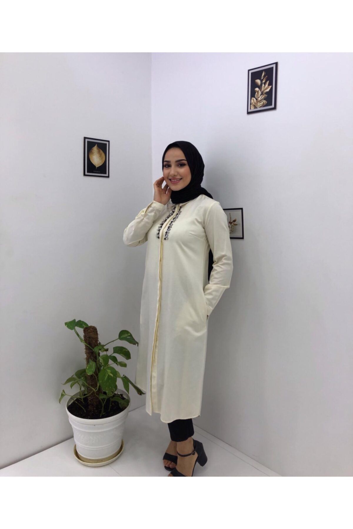RİKAMODA Taşlı Ekru Tunik Gömlek