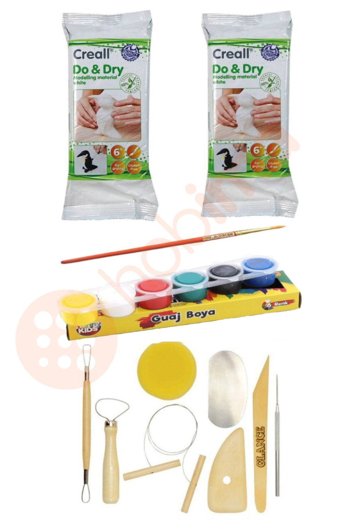 GLANCE Creall Hava Ile Kuruyan Hamur 500 Gr 2'li+6'lı Guaj Boya+ 8 Parça Seramik Şekillendirme Seti