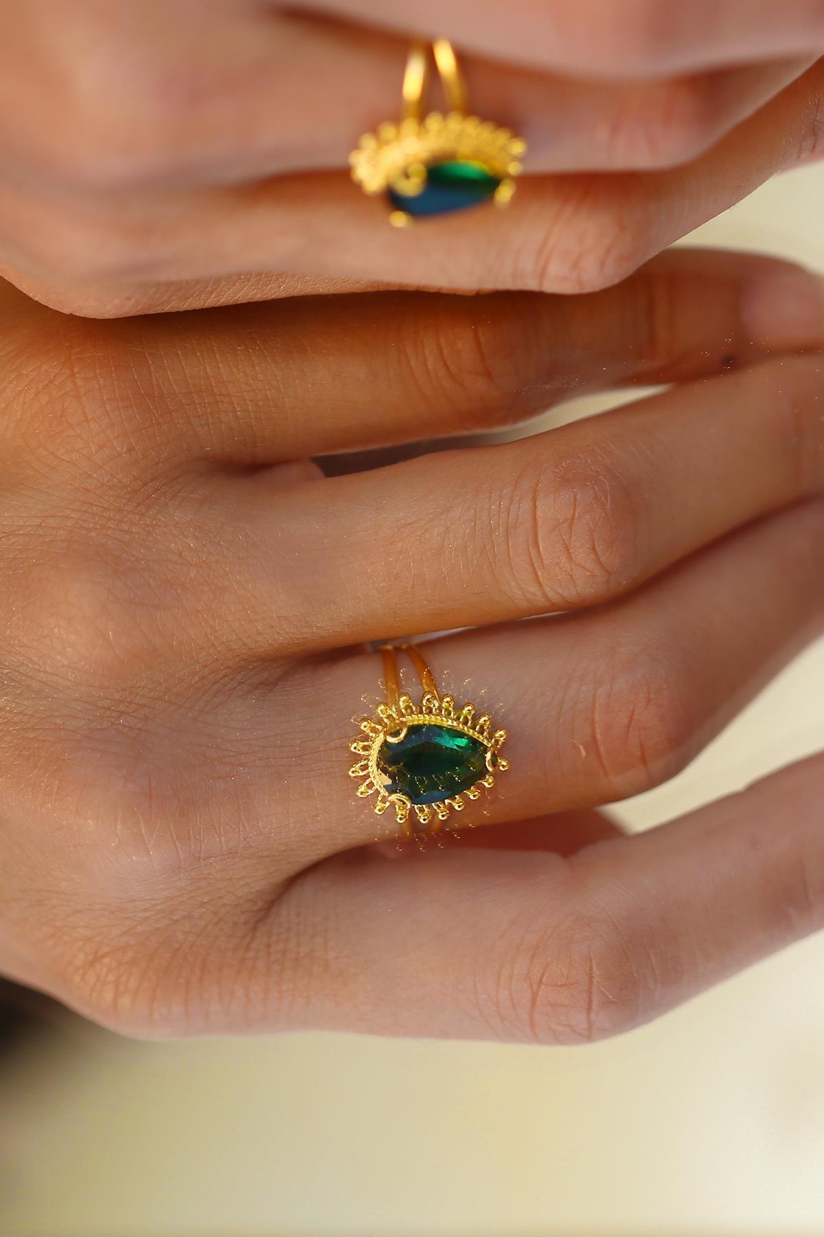 Bayar Gold 14 Ayar Altın Telkari Zümrüt Yüzük