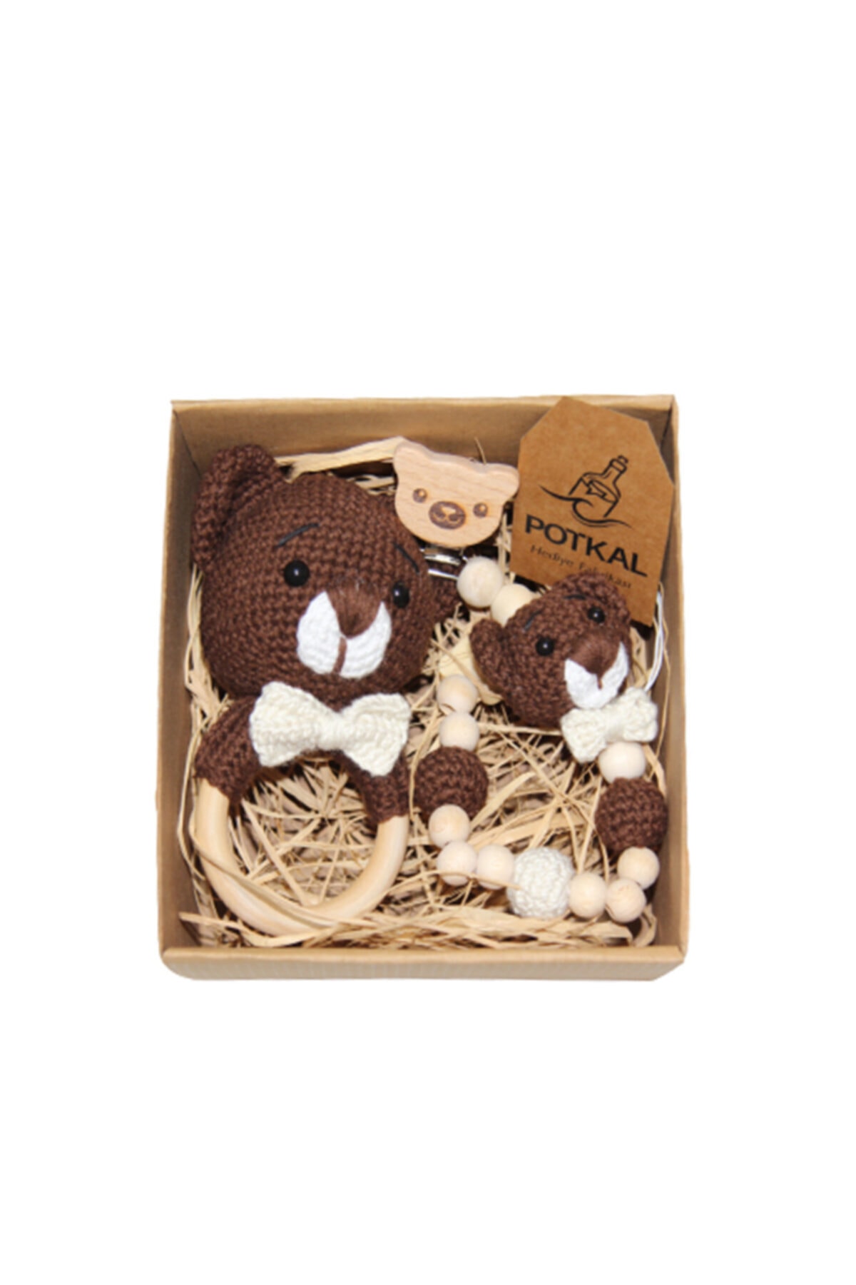 Potkal Hediye Fabrikası Sevimli Ayı Sesli Diş Kaşıyıcı Ve Emzik Zinciri Amigurumi Organik Yeni Doğan Bebek Oyuncak