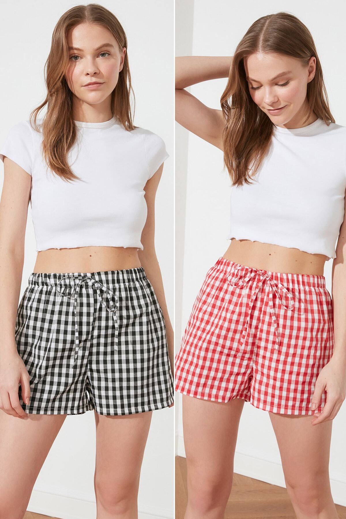 TRENDYOLMİLLA Kırmızı-Siyah Ekoseli 2'li Dokuma Şort & Bermuda THMSS21SR0132