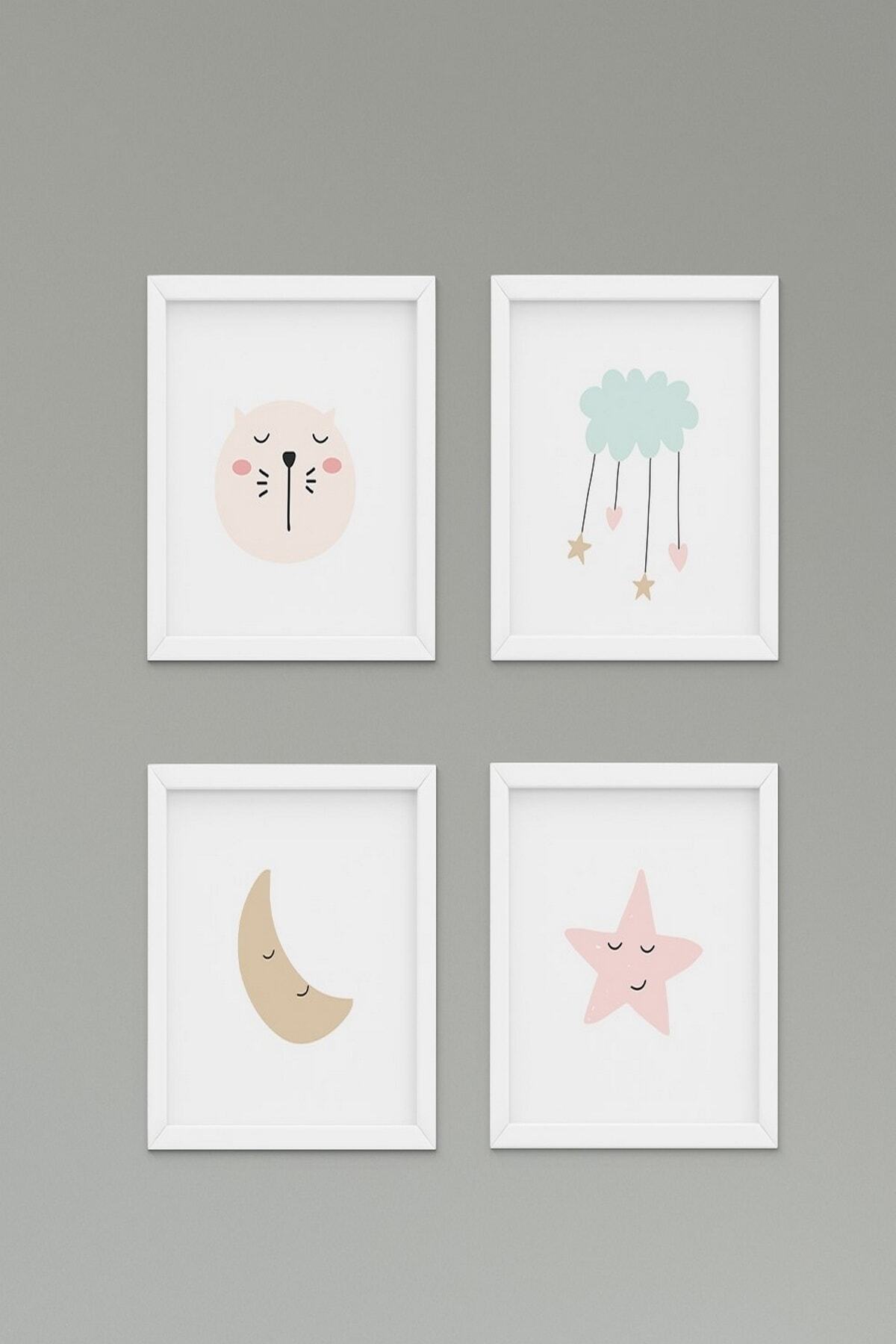 CİCİ TASARIM ÜRÜNLERİ 4lü Yıldızlar Ve Renkli Bulutlar Çocuk Bebek Odası Duvar Tablo