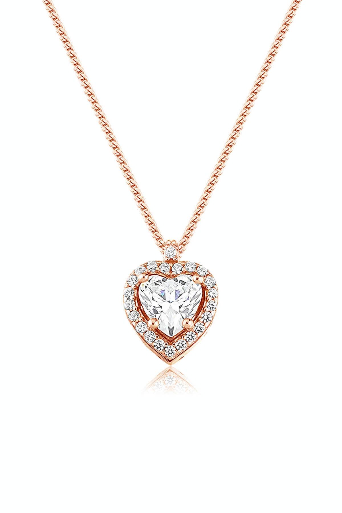 Valori Jewels Kadın Kalp, 0.75 Karat Swarovski Zirkon Taşlı, Rose Gümüş Tektaş Kolye
