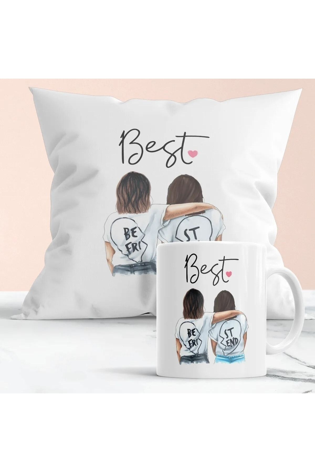 z Kupa Best Friends Printed Gift Pillow and Mug Set for 2 Friends
