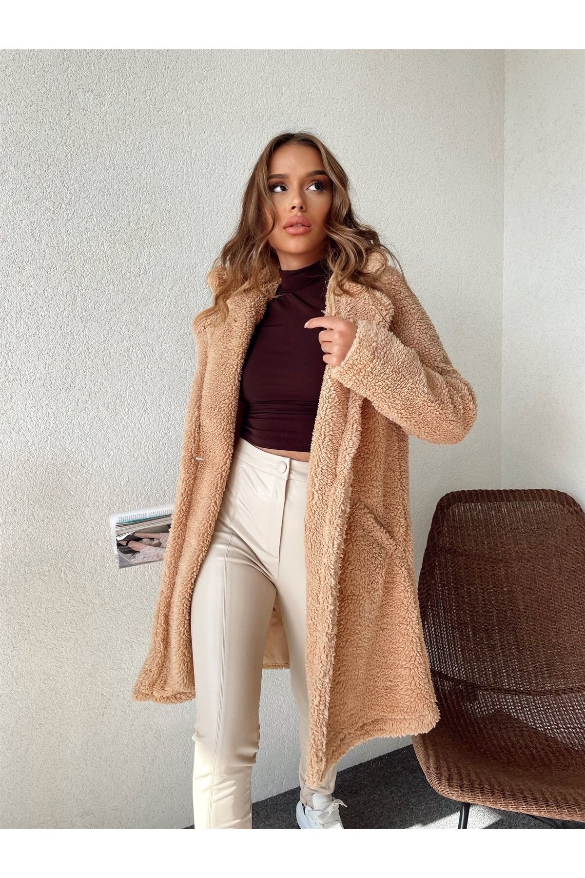 Valeria Vilson Women s Pocket Lined Plush Coat camel 1787 Trendyol