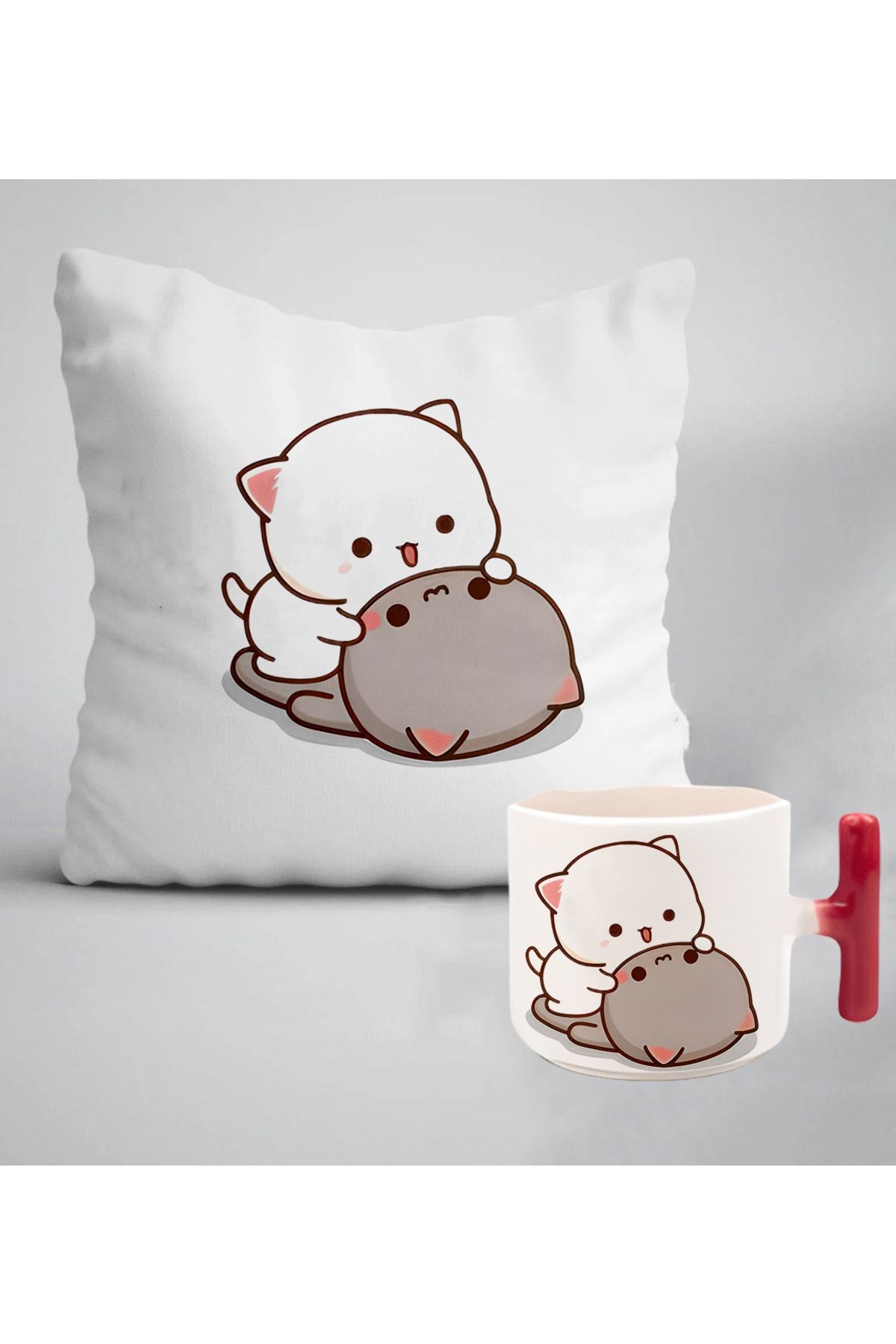 GünayStore Cute Mochi Cat Printed Pillow + Cup with Handle - Trendyol