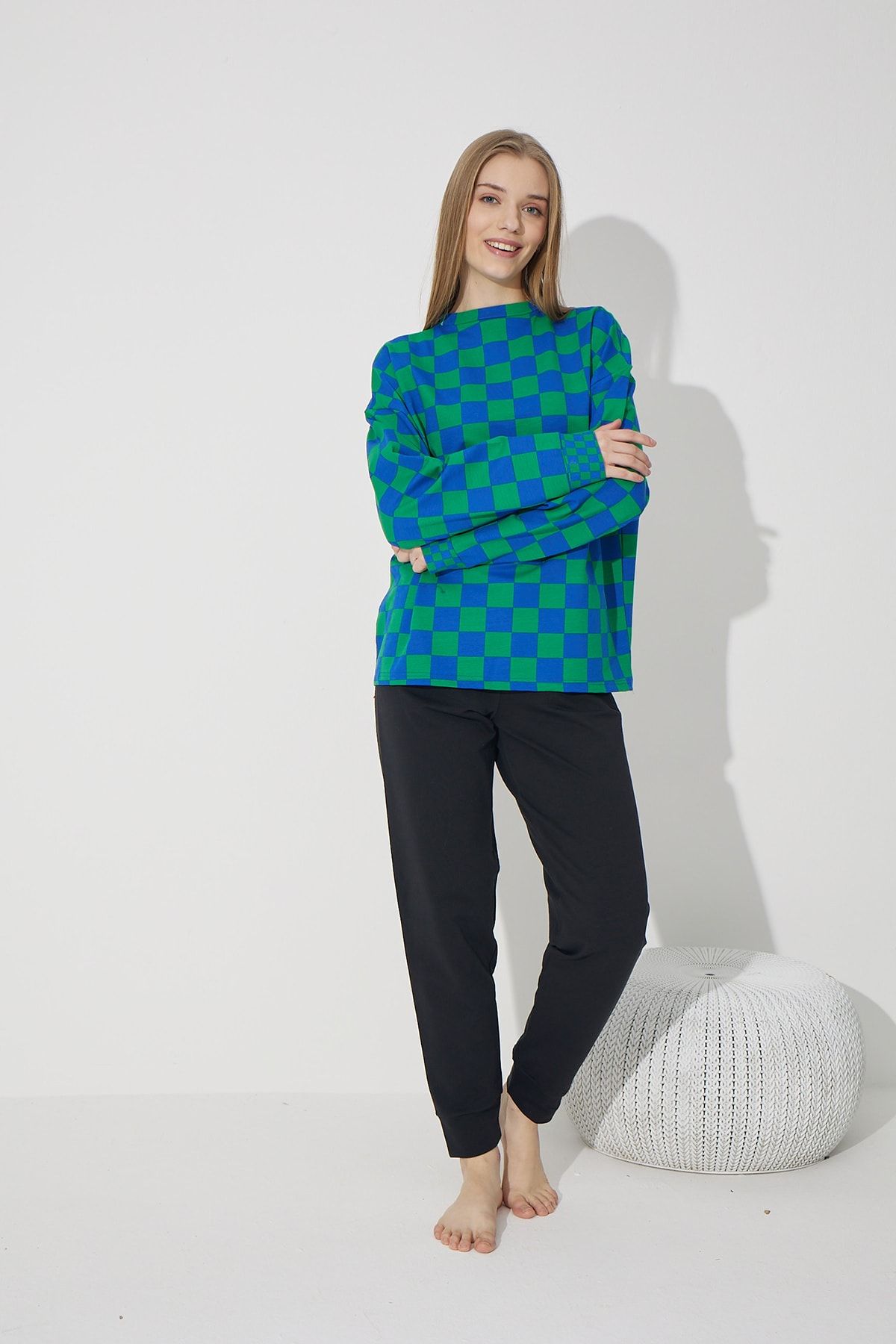 Siyah nci Green blue Checkerboard Patterned Tracksuit sweatshirt