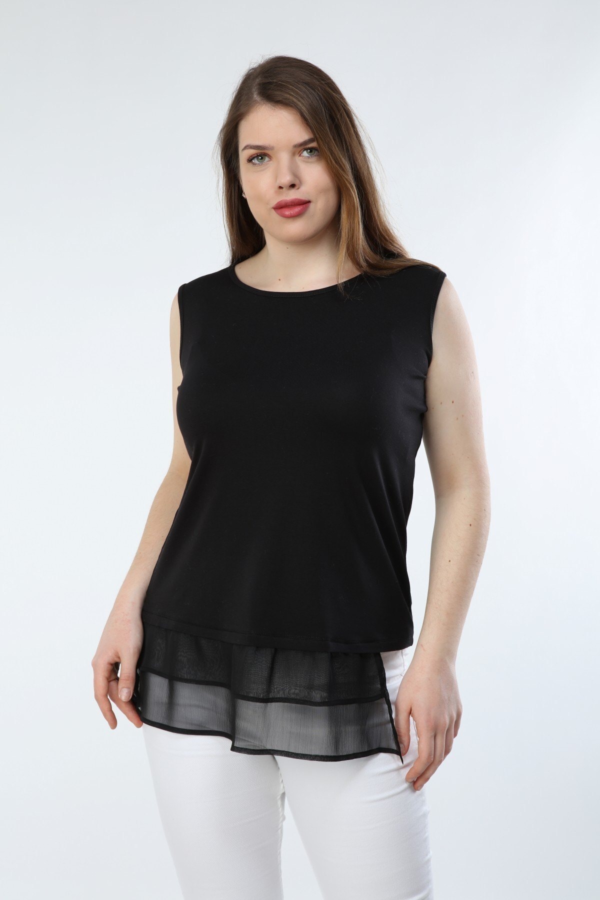 Moda Cazibe Kadın Büyük Beden Kolsuz Eteği Şifon Detaylı Bluz