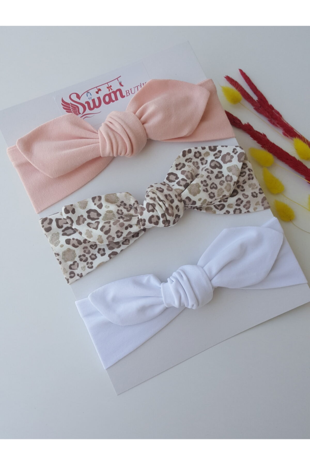 swan butik Kız Çocuk Bebek Bandana Toka Seti 3'lü Pudra Pembe, Beyaz, Leopar