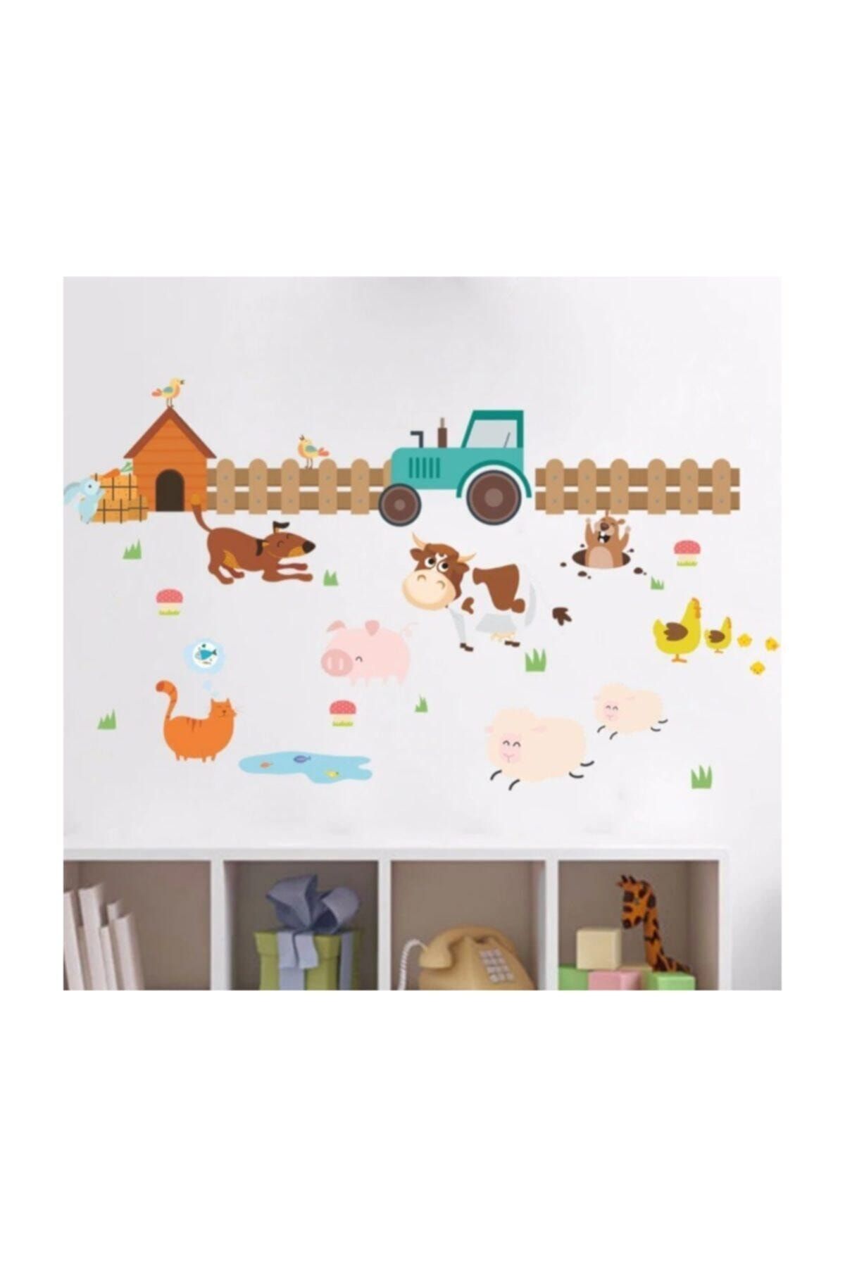 KT Decor Bebek Ve Çocuk Odası Neşeli Çiftlik Hayvanları Kurt Koyun Inek Eğitici Duvar Dekor Süsleme