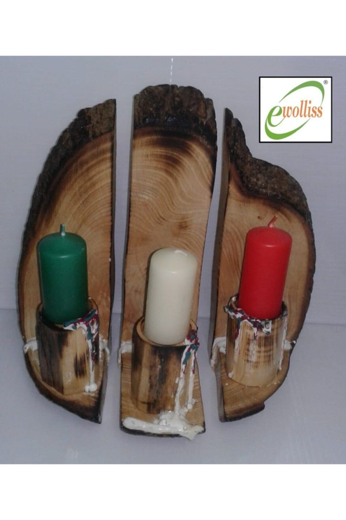 EWOLLİSS Doğal Ahşap Kütük Hediyelik Üçlü Şamdan Masa Tipi Elde Taşınabilir
