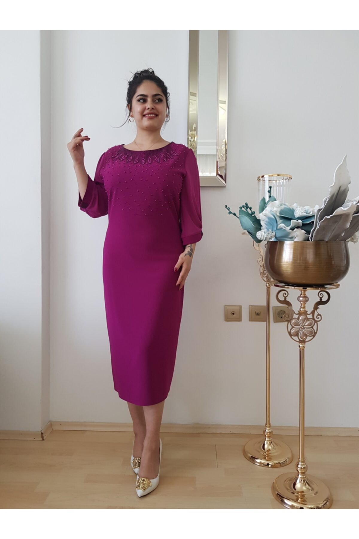 FERGAN Kadın Mor Büyük Beden Midi Abiye Elbise