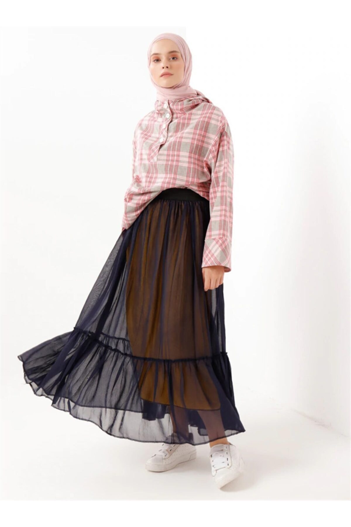 Vamelya Tül Detaylı Etek Hardal