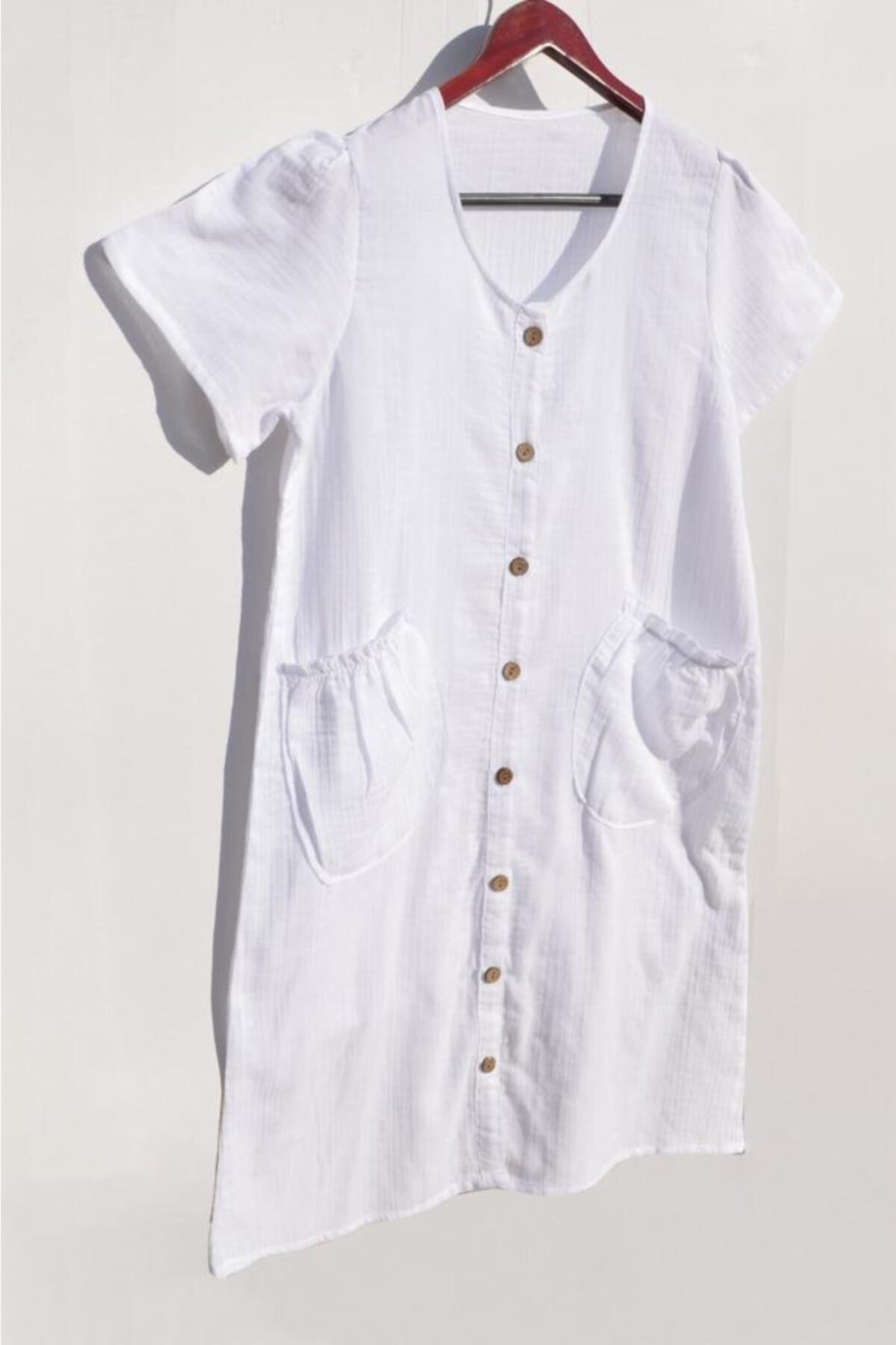 Botex Kadın Beyaz Müslin Balon Cepli Elbise