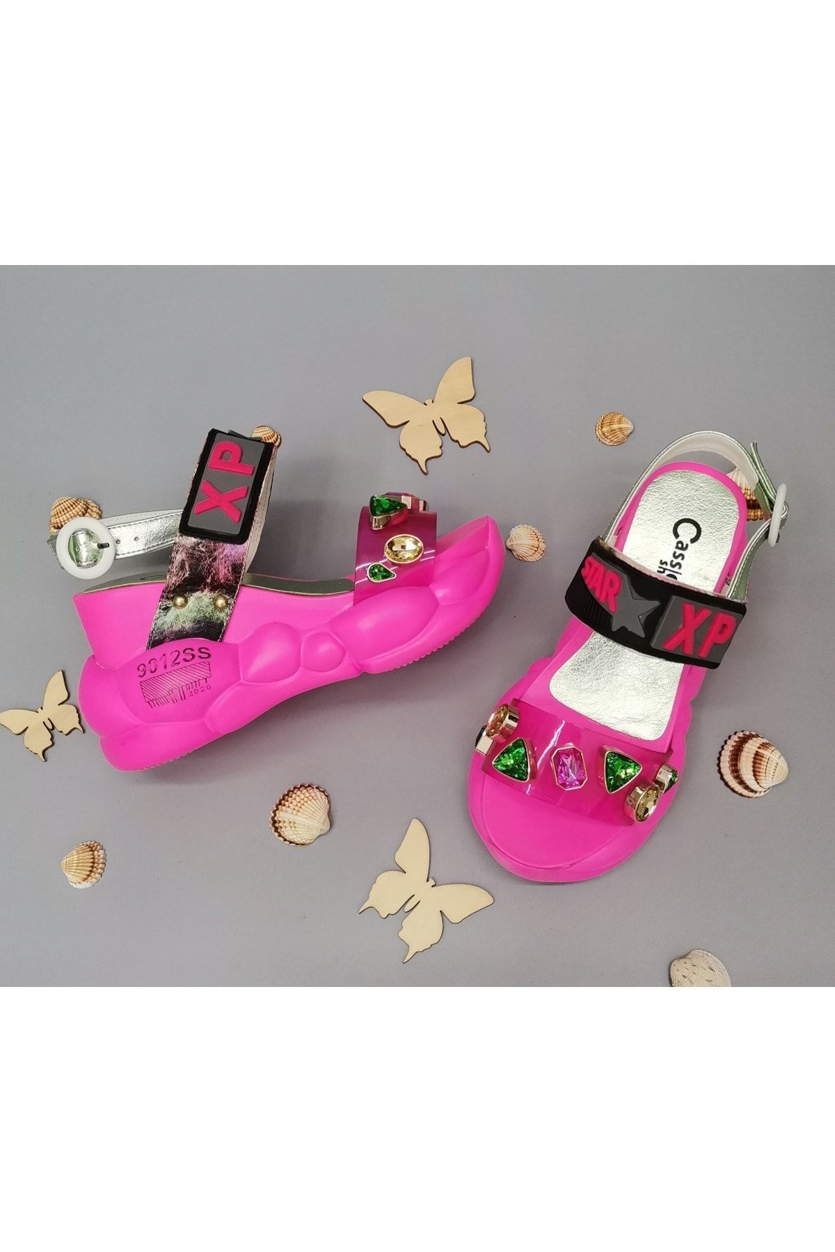 CassidoShoes Platform Topuklu Anatomik Taban Taşlı Neon Fuşya Kadın Sandalet