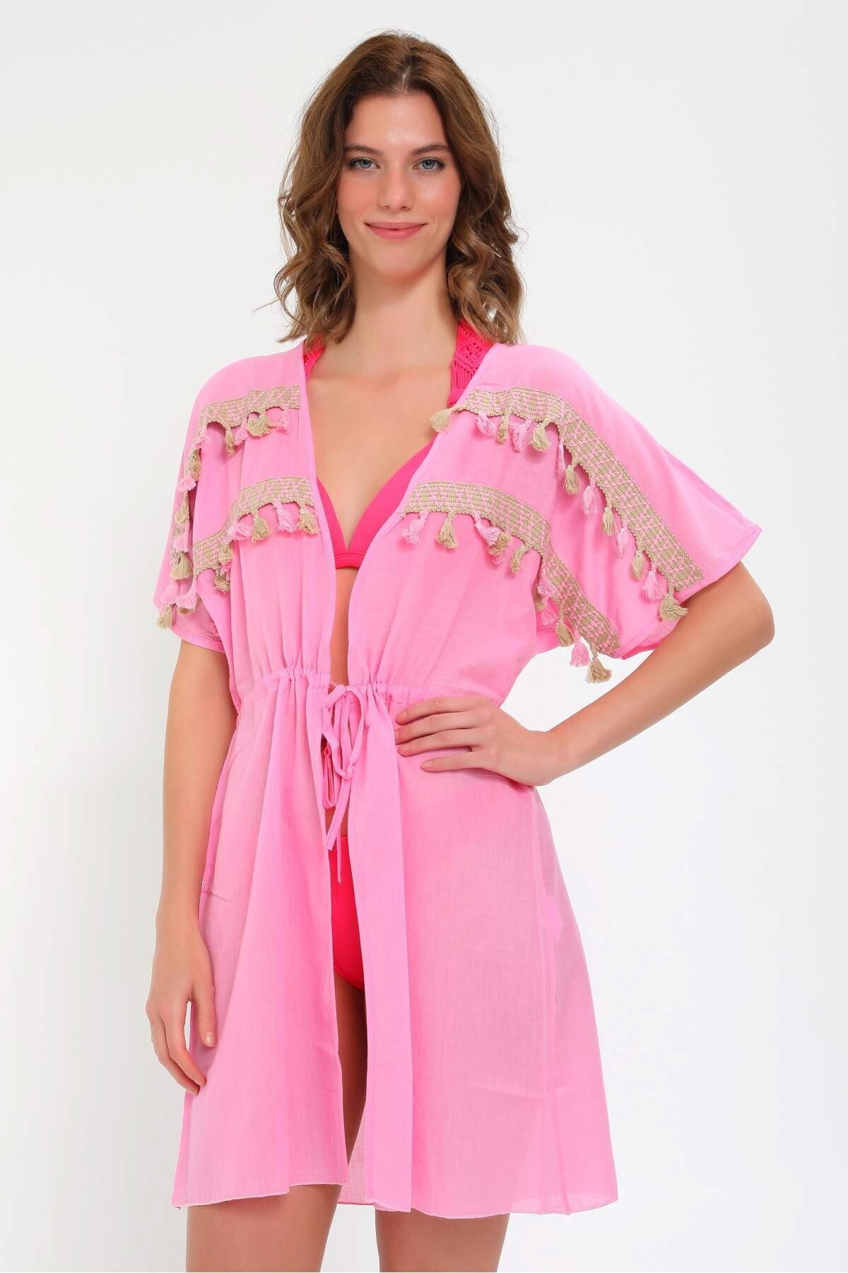 Endeep Kadın Püsküllü Önden Bağlamalı Pembe Deniz Elbisesi