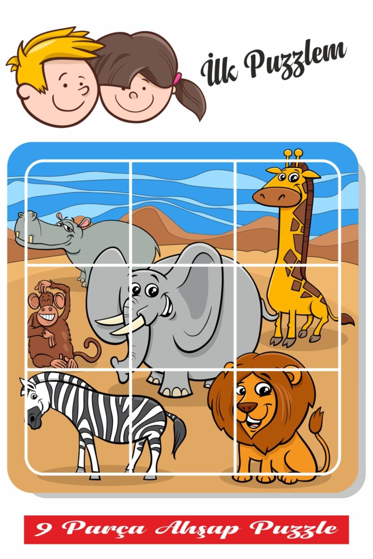 Baskı Atölyesi Fil, Aslan, Maymun, Zürefa, Sevimli Hayvanlar 9 Parça Yapboz Ilk Puzzle, Kolay Puzzle