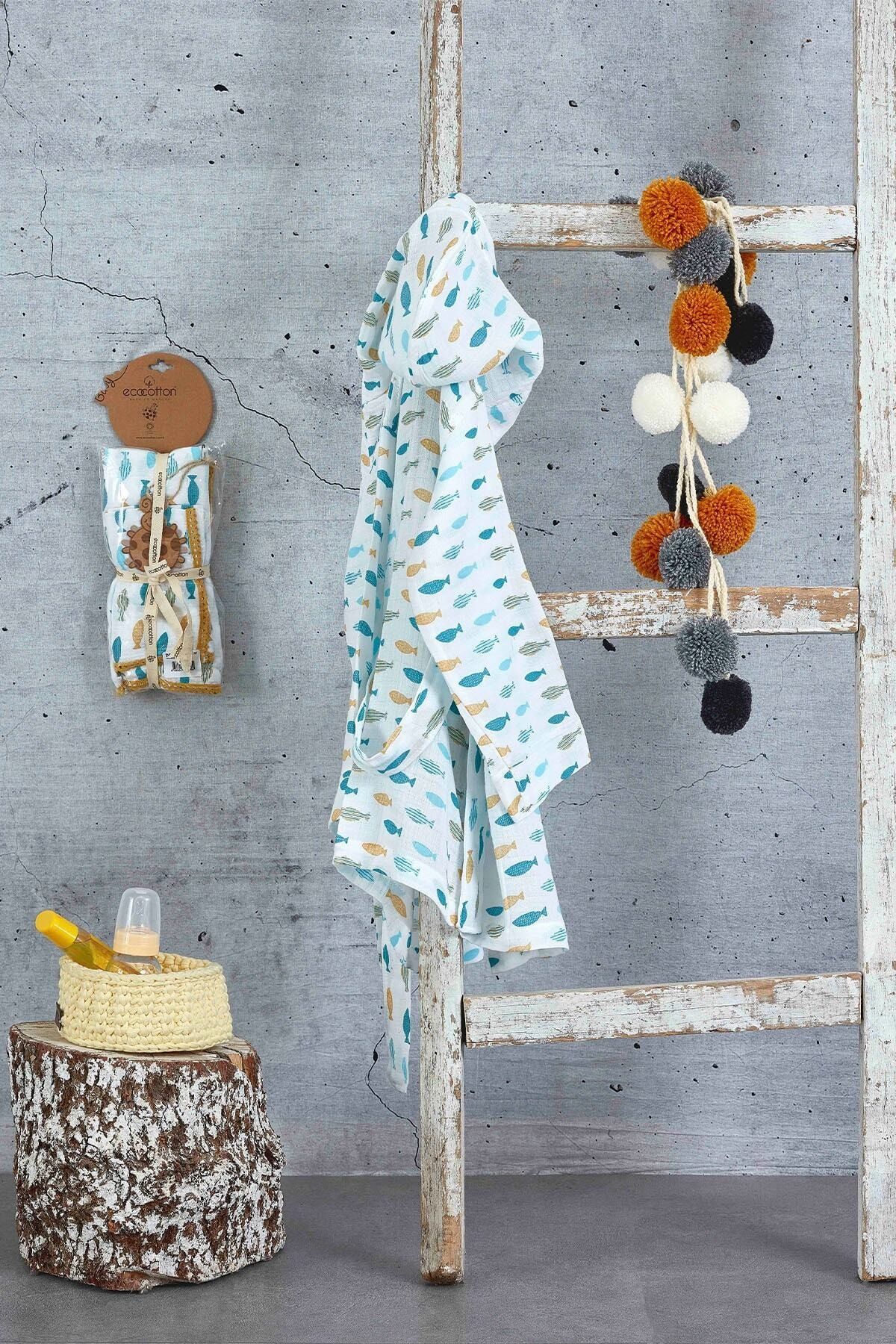 Ecocotton Bebek Beyaz Dodo Müslin Bornoz