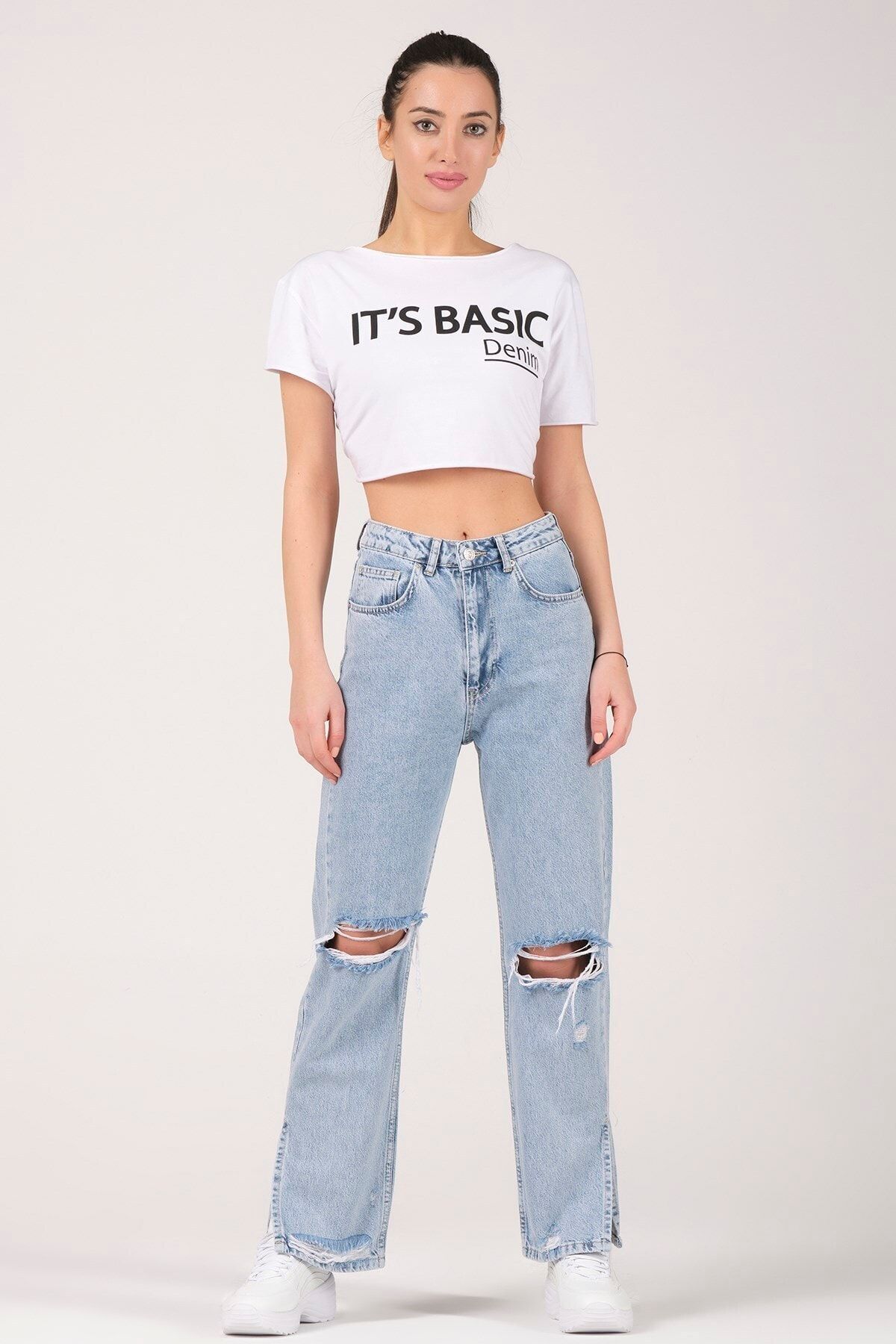 its basic Kadın Kot Rengi Ice Önü Ve Paçası Lazer Straight Fit Yüksek Bel Jean