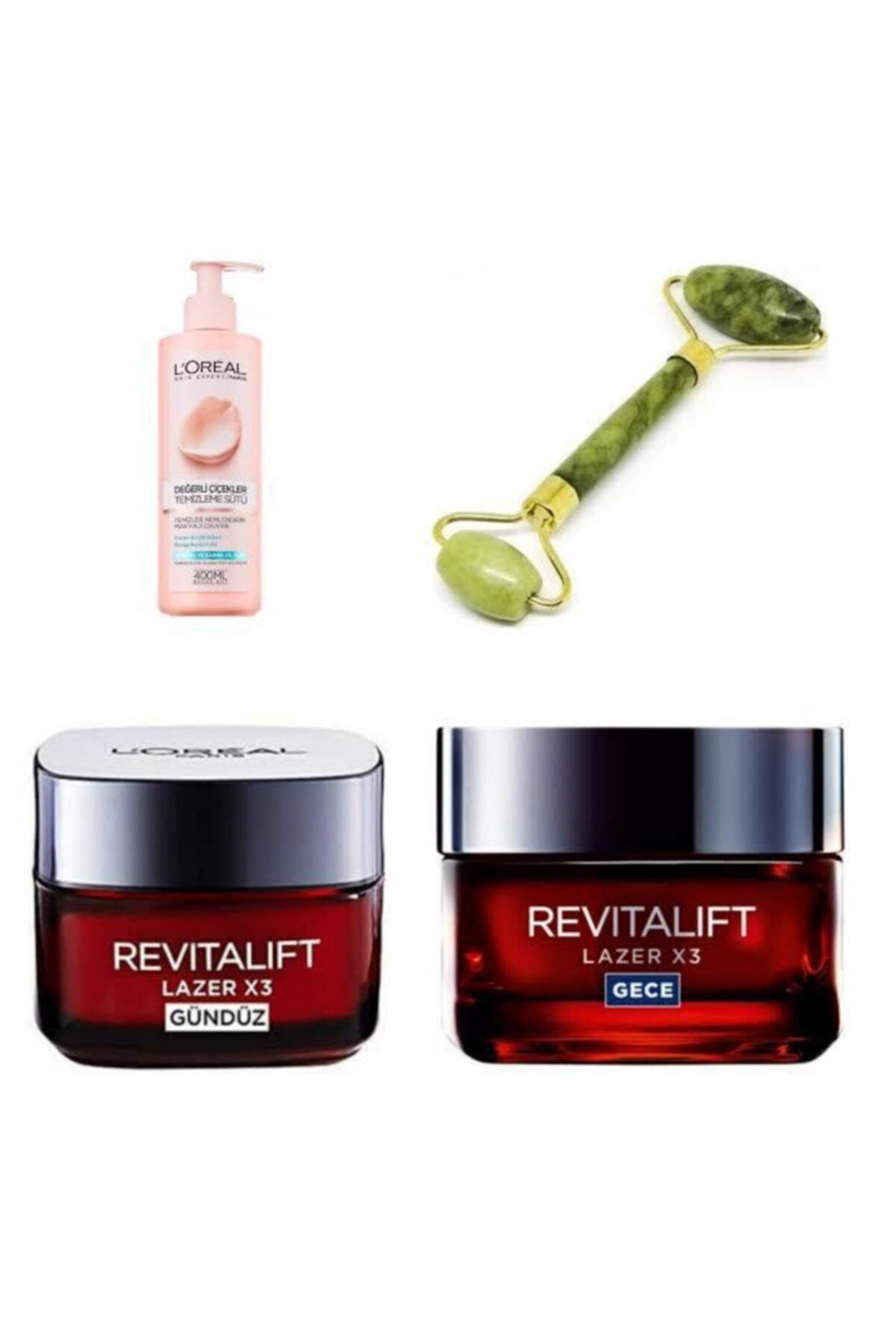 L'Oreal Paris Revitalift Laser X3 Yaşlanma Iksiri Gece-Gündüz Kremi-temizleme Sütü-Taşlı Masaj Aleti