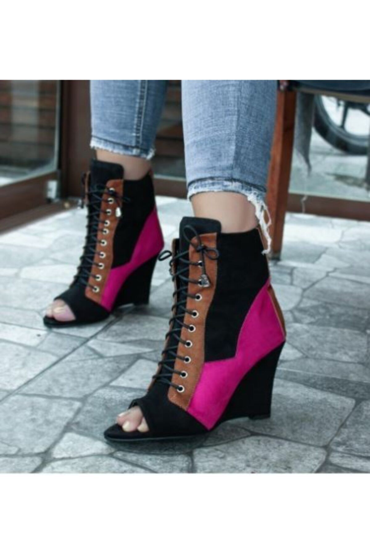 Sibel Durmaz Kadın Fuşya Siyah Daniela Mix Dolgu Topuk Bootie