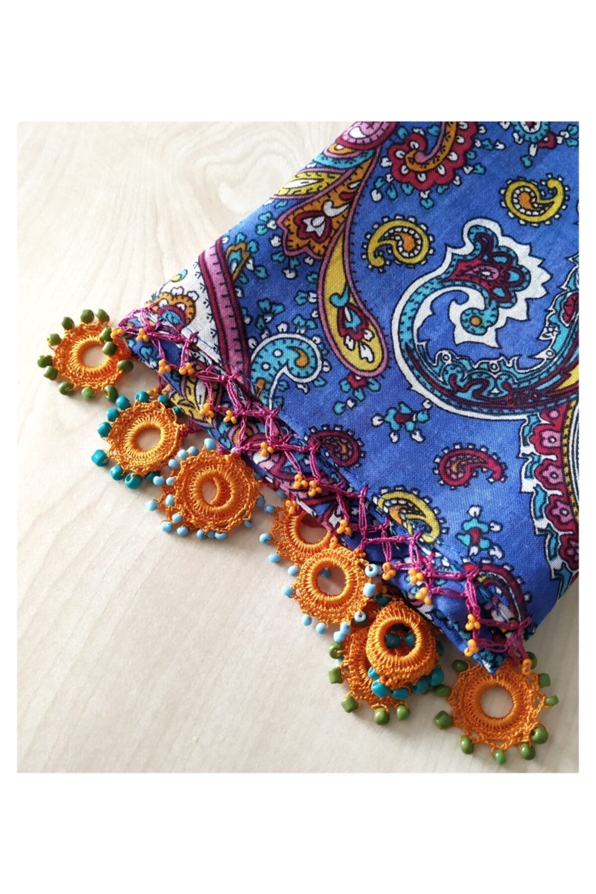 Pötikare Butik Atölye Pamuklu Oyalı Yazma Lacivert Uzun Fular Şal Saç Bandı