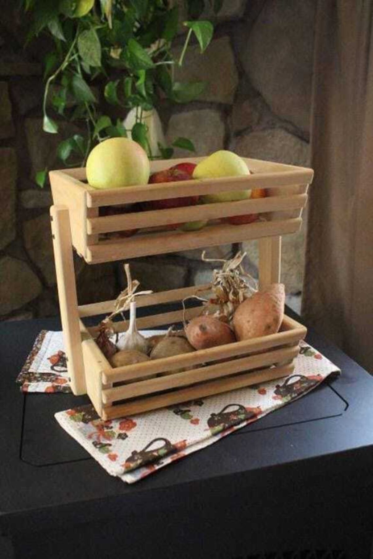 Woodart Ahşap 2 Katlı Sebzelik & Meyvelik Mutfak Rafı