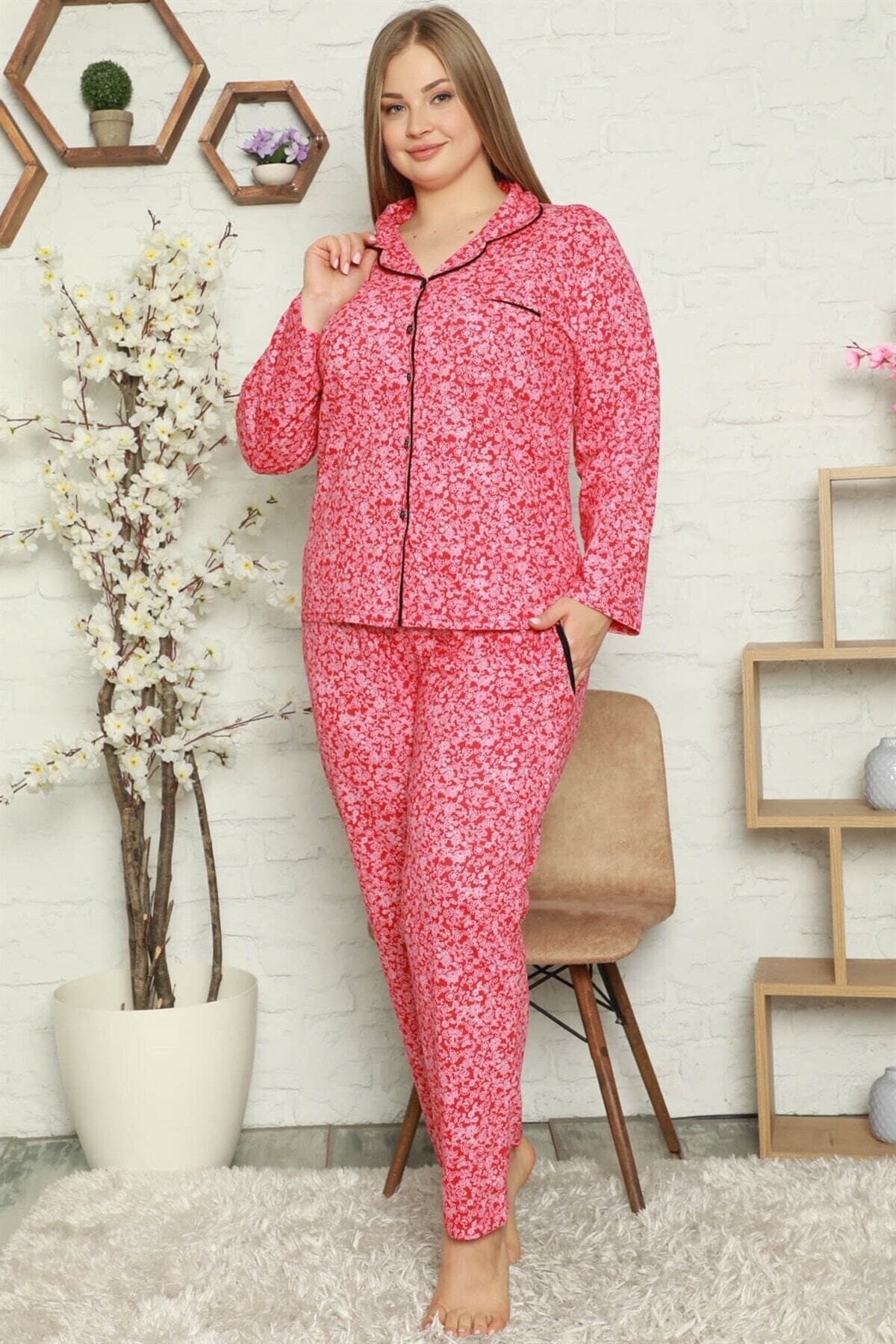Moda Çizgi Kadın Pamuklu Cepli Uzun Kol Büyük Beden Pijama Takım 202056