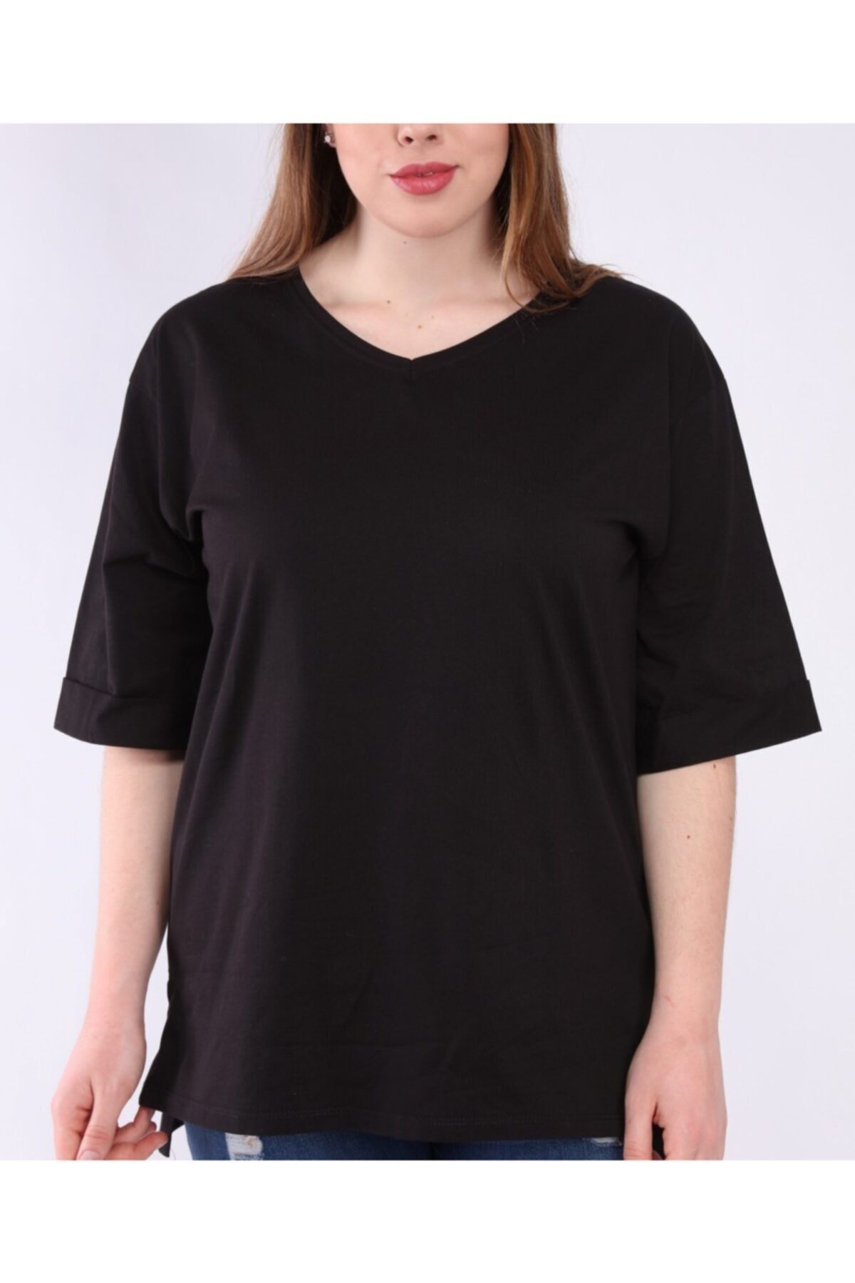 For Big Trend Kadın Siyah V Yaka Yan Yırtmaç Basic T-shirt