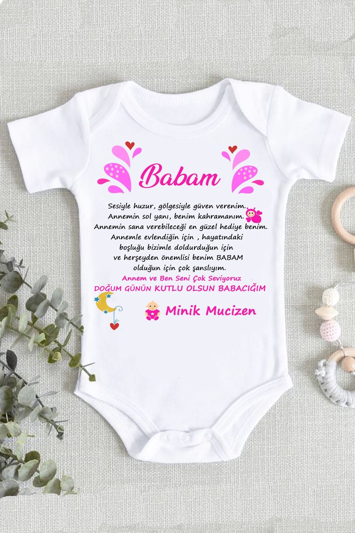 hamiletshirtum Kız Bebek Beyaz Baba Doğum Günü Pamuk Organik Baskılı Zıbın Body