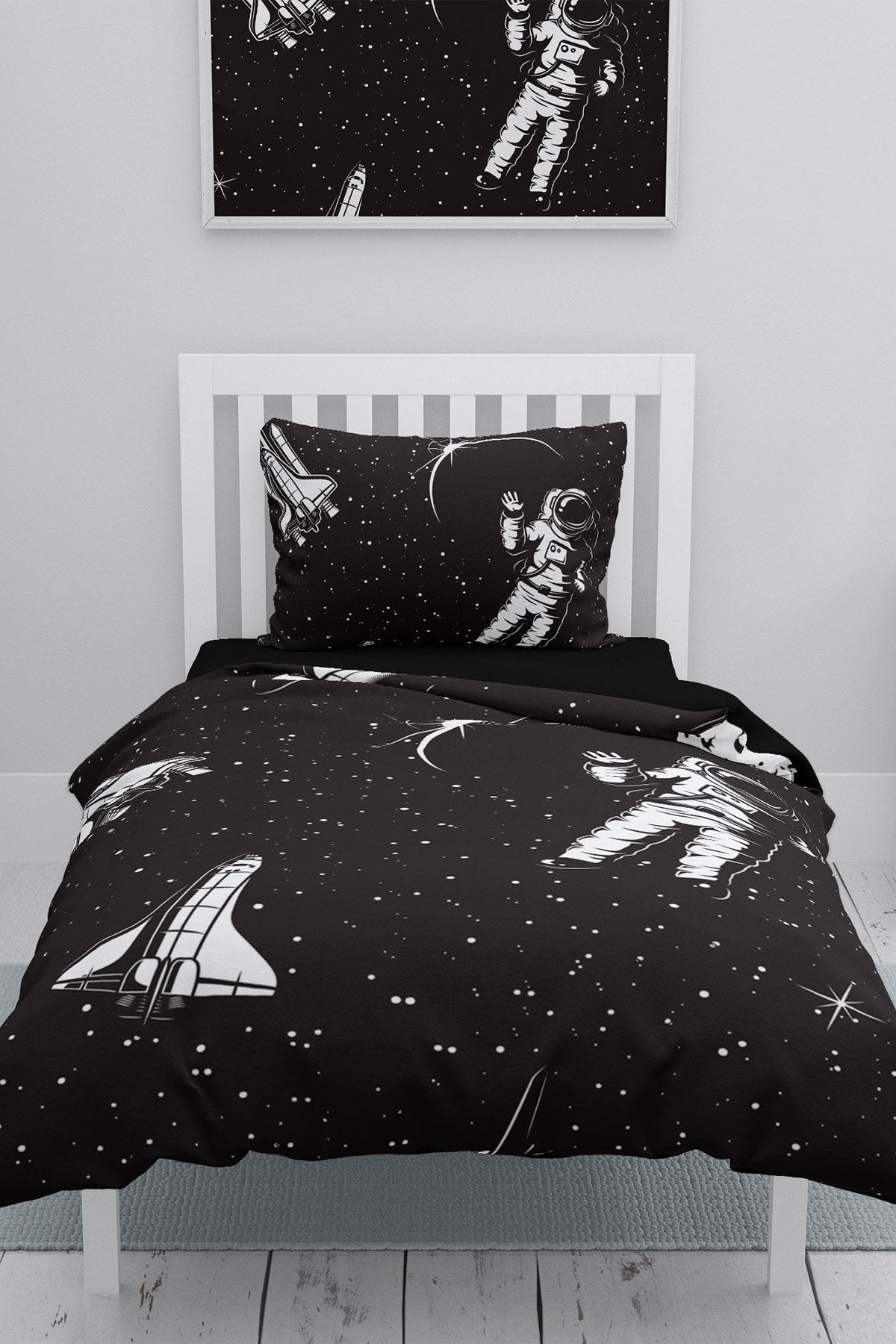 MonoHome Siyah Uzay Astronot 3d Pamuk Saten Çocuk Nevresim Takımı