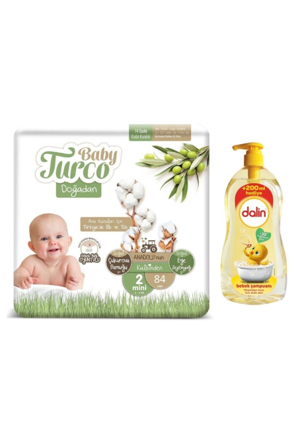 Baby Turco Doğadan 2 Numara 84 Adet + Dalin Bebek Şampuanı 900ml