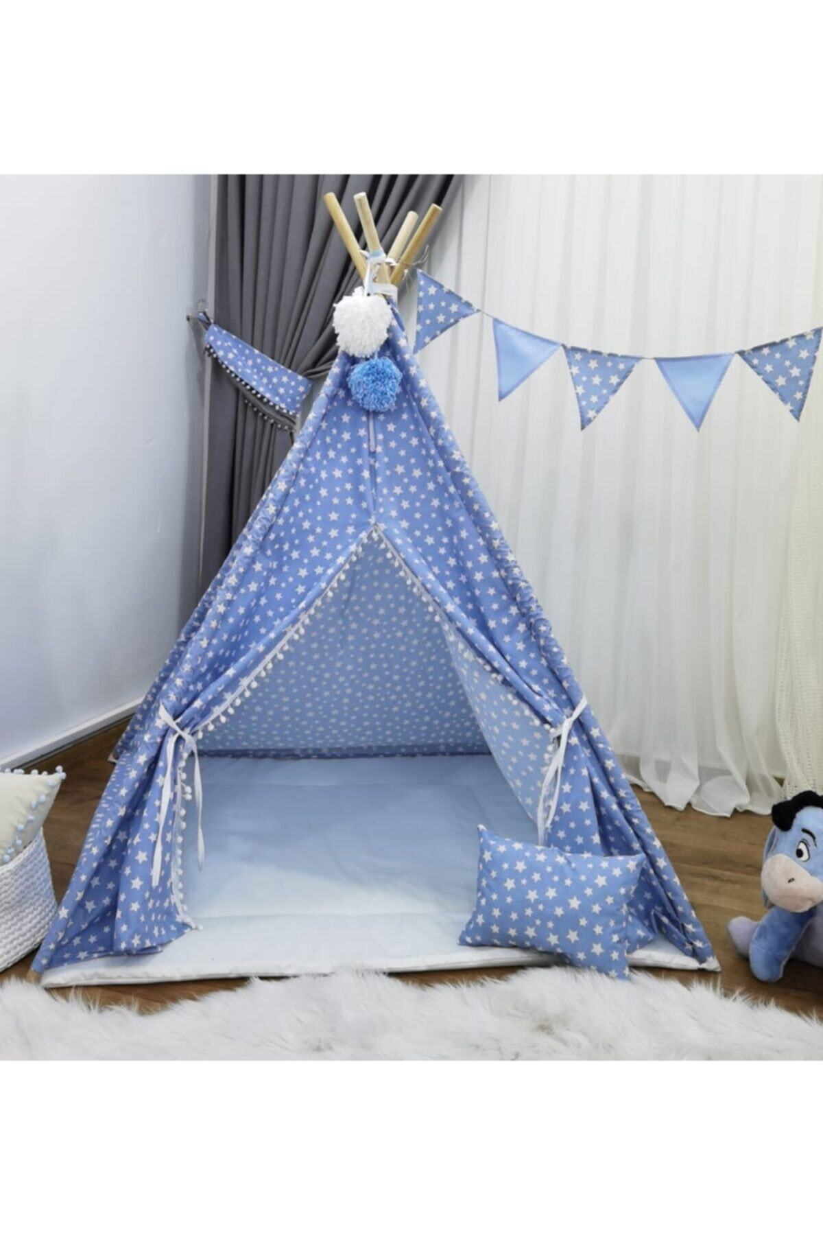 mordesign Stars, Büyük Boy, Ahşap Direkli, Pencereli Kızılderili Doğal Çocuk Oyun Çadırı, Mavi