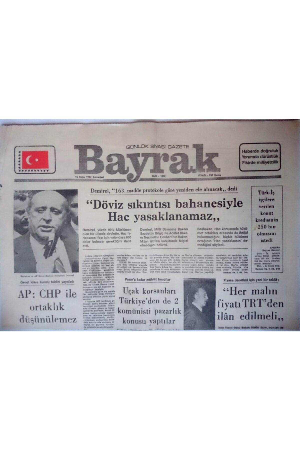 BAYRAK GAZETESİ Bayrak Günlük Gazete 15 Ekim 1977