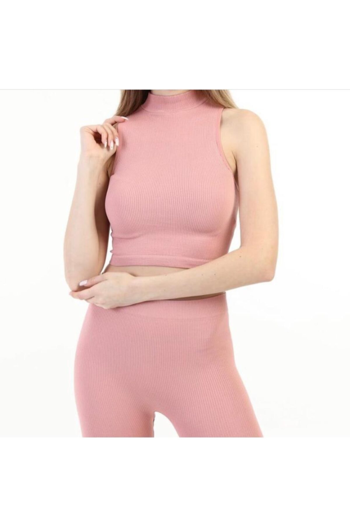 Sare Shop Kadın Pudra Yüksel Bel Dikişsiz Fitilli Tayt