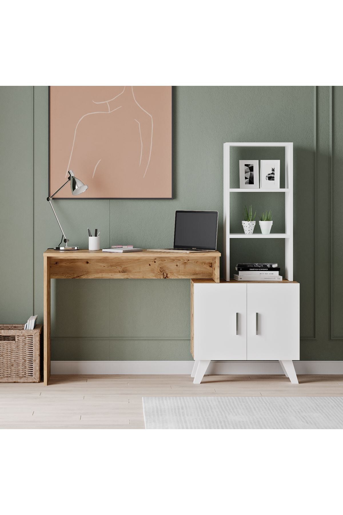 Robin Home Çam Beyaz Sesilya Raflı Çalışma Masası Atlantik