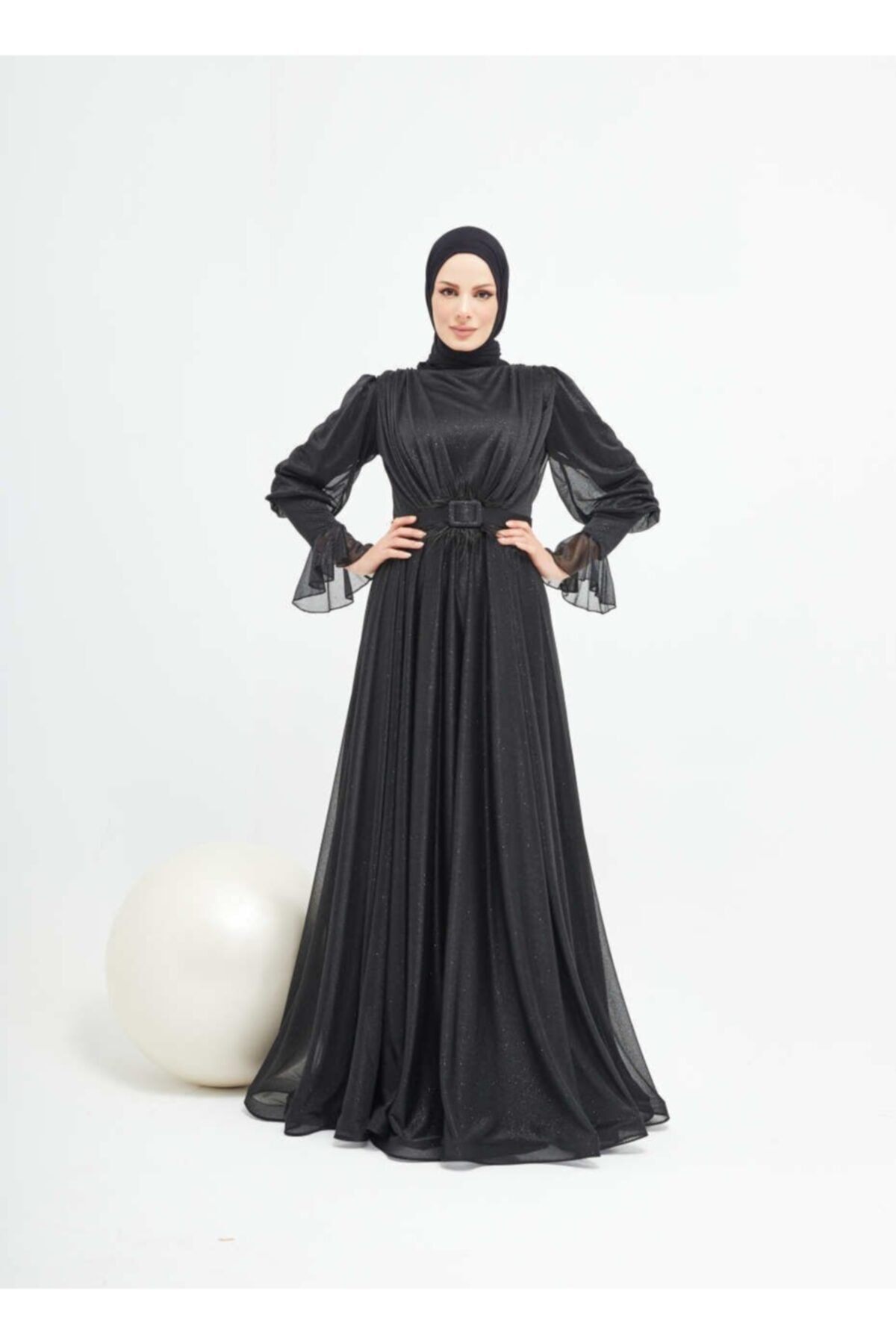 Gülsima Moda Siyah Kemeri Tüylü Simli Abiye 2122