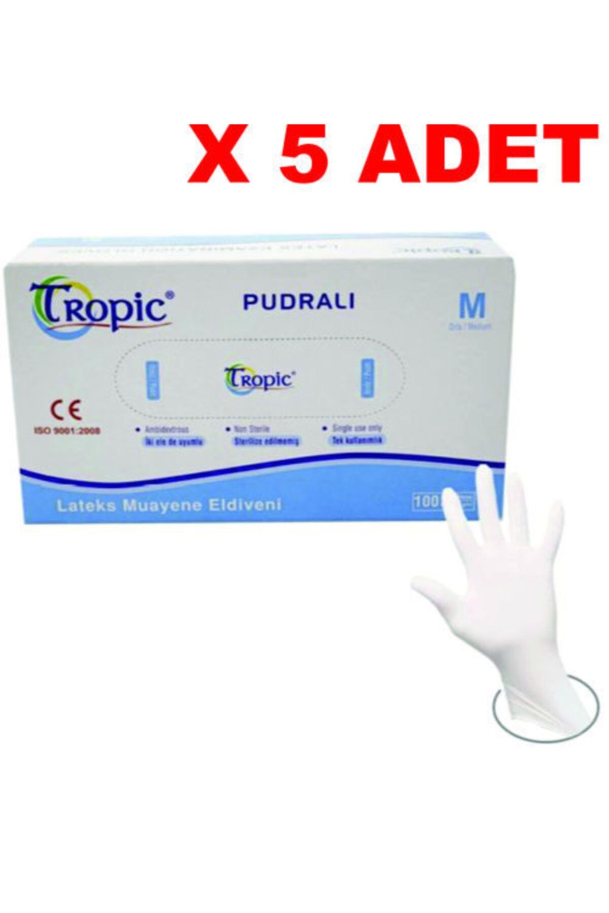 Tropic Lateks Pudralı M Beden Muayene Eldiveni 5 x 100 Adet