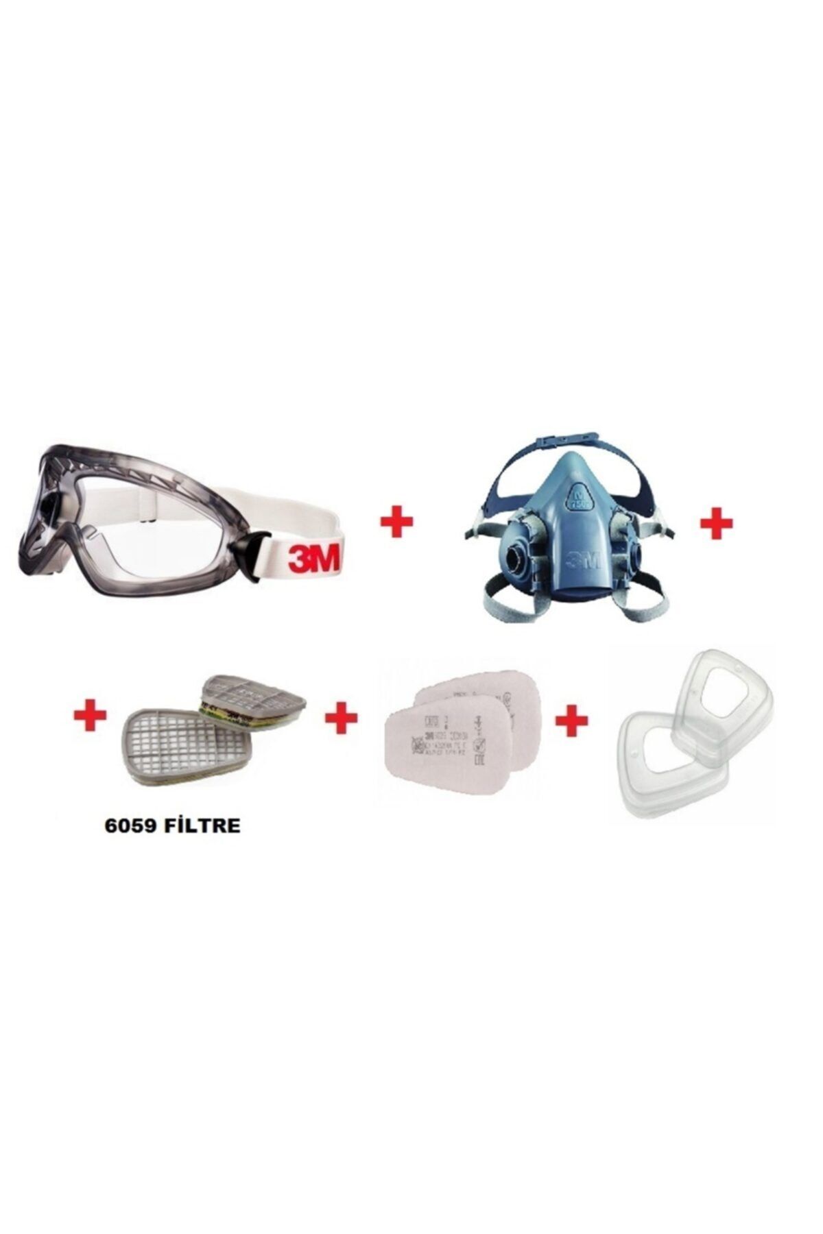3M 2890sa G.gözlük+7503 (l) Yarım Yüz Maske+6059 Abek1 Filtre+5911 P1 Ped+ 501 Filtre Tutucu Kapak