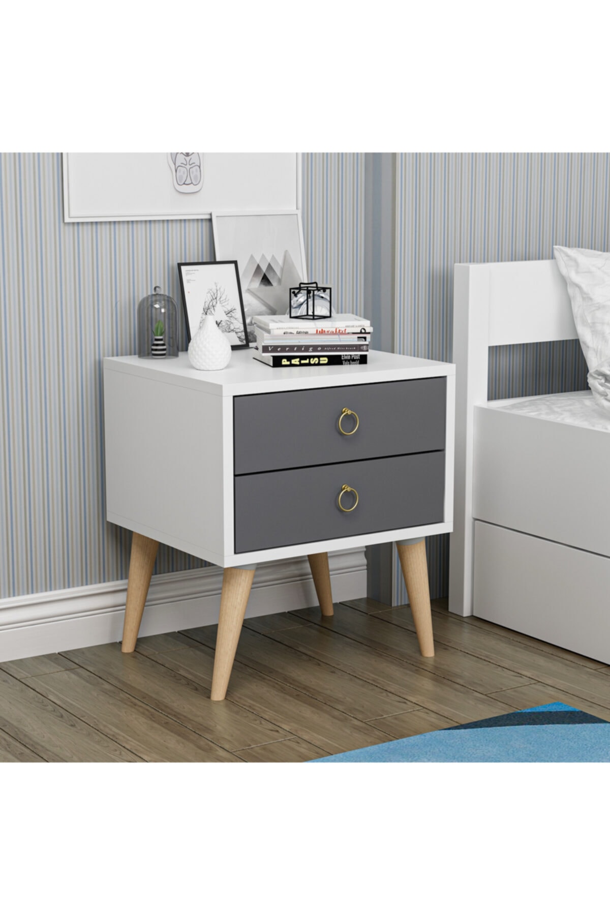 DEKOROSSO Beyaz Antrasit Merlin 2 Çekmeceli Komodin