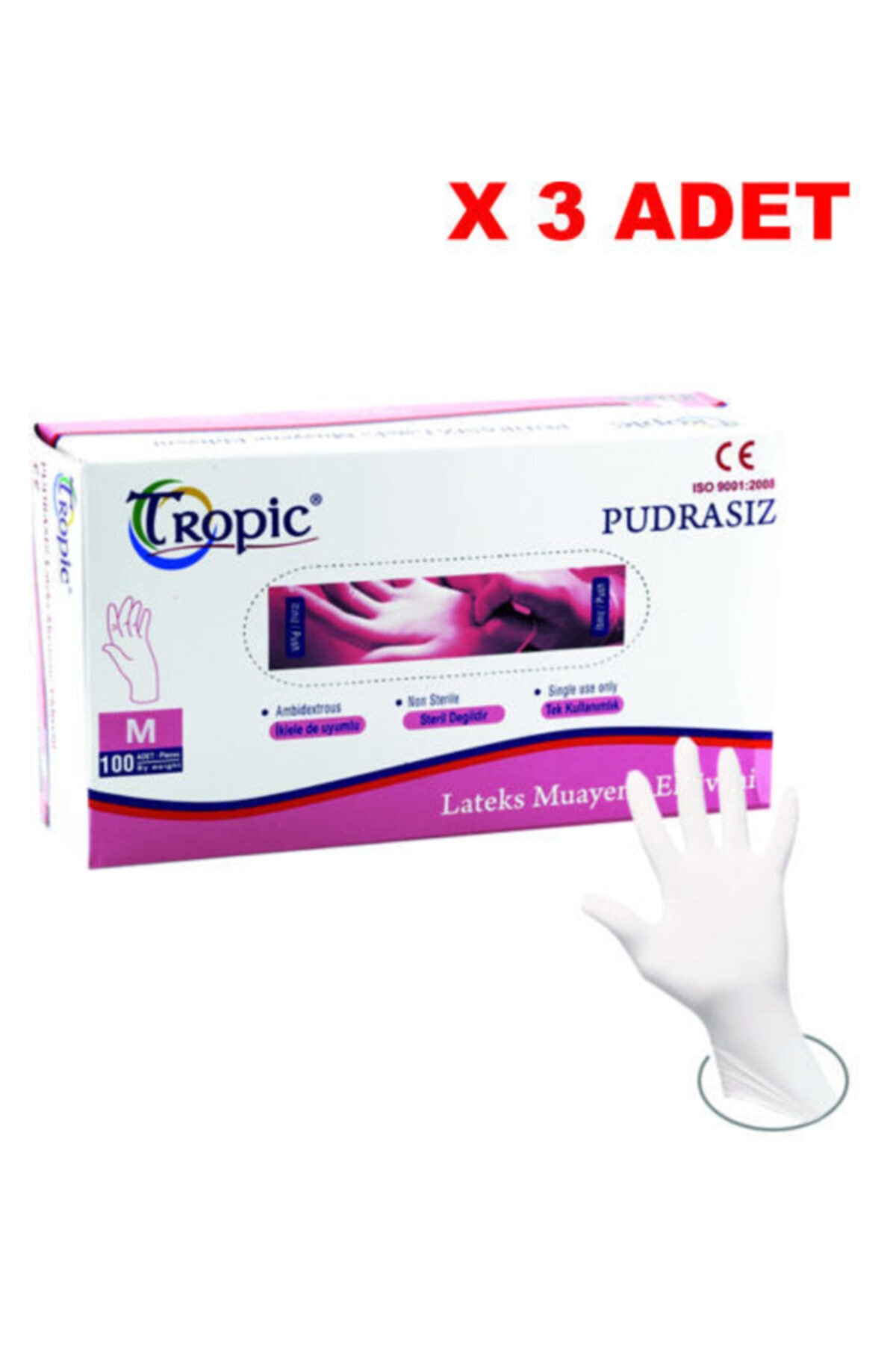 Tropic Lateks Pudrasız M Beden Muayene Eldiveni - Temizlik Eldiveni - (3 Kutu / 3 X 100 Adet)