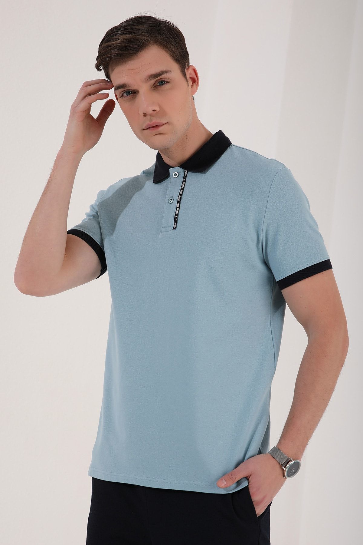 Tommy Life Buz Mavi Erkek Basic Çift Düğmeli Standart Kalıp Polo Yaka T-shirt - 87944