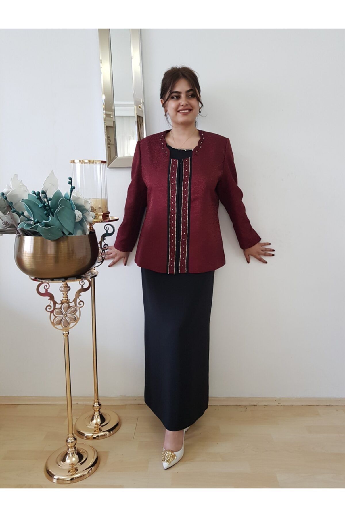 FERGAN Kadın Bordo Siyah Büyük Beden Abiye Takım