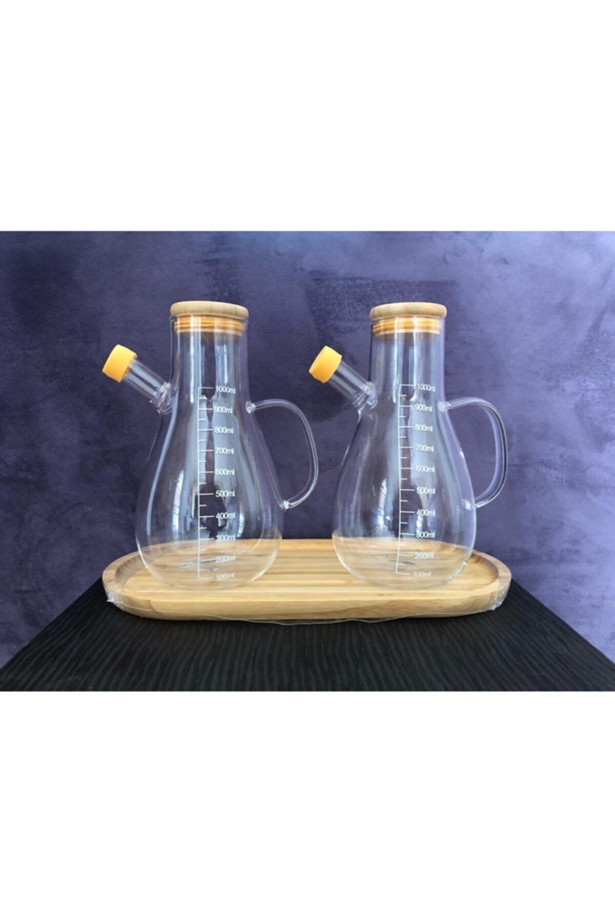 MİEN Bambu Kapaklı Cam Sütlük Sirkelik Yağdanlık Set 1000ml