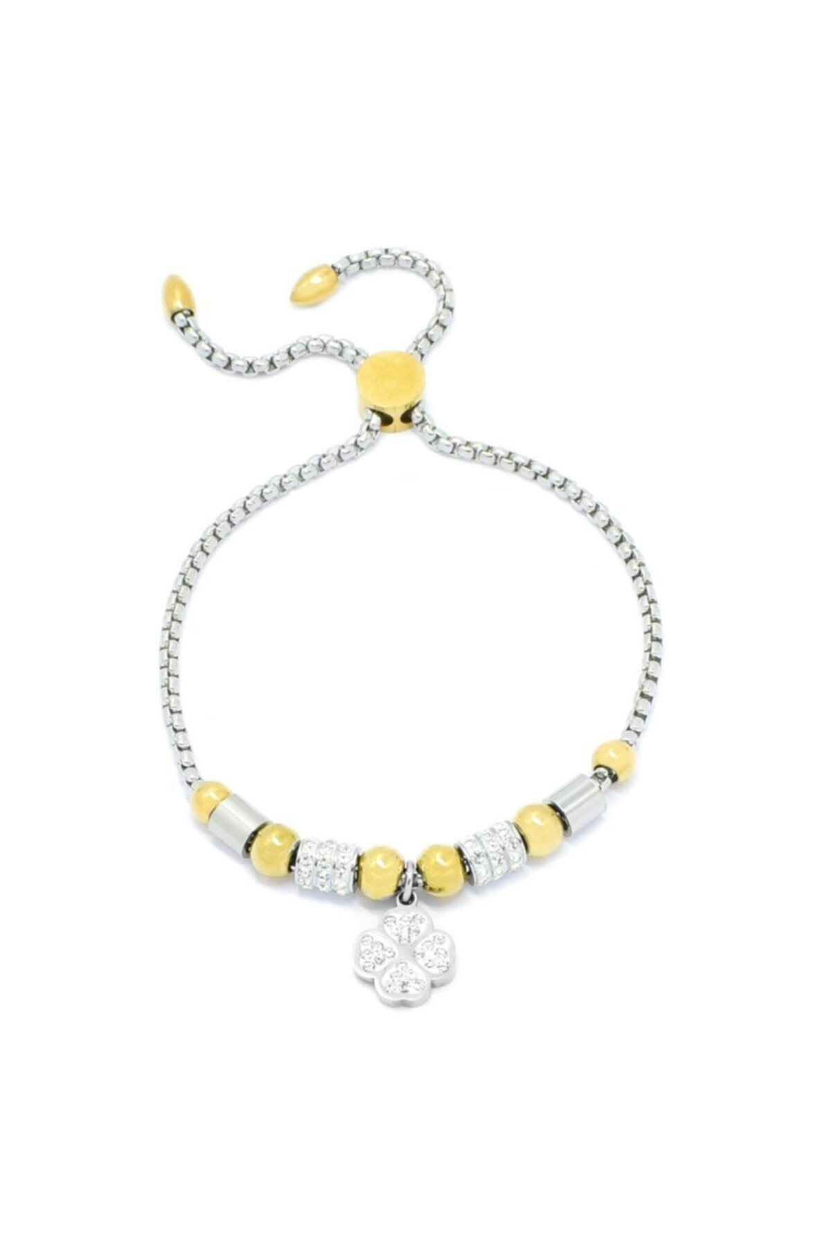 Enesstore Model Zirkon Taşlı Yonca Bayan Charm Çelik Bileklik