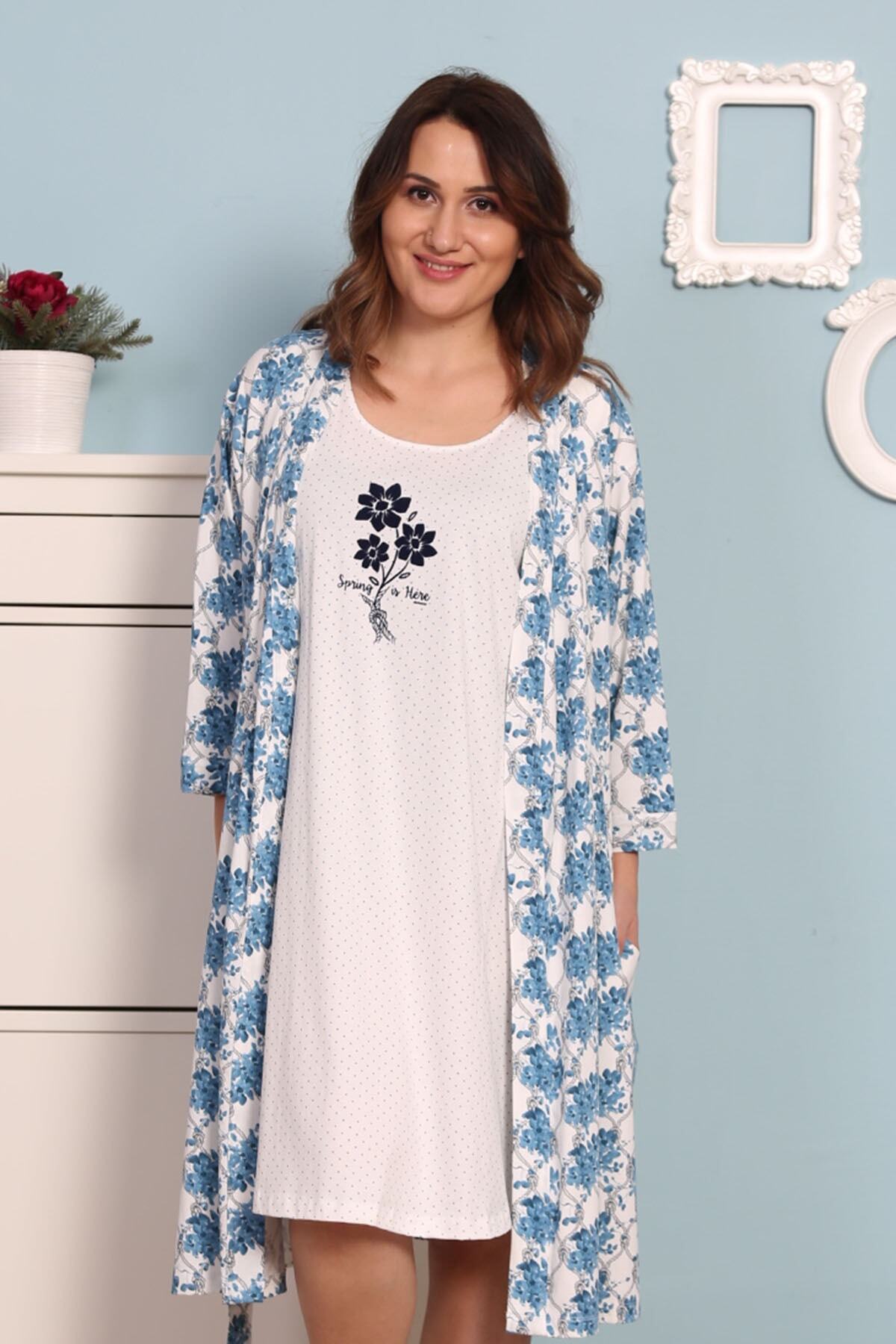 VİENETTA Kadın Uzun Kol Büyük Beden Lycralı Suprem Sabahlık Set