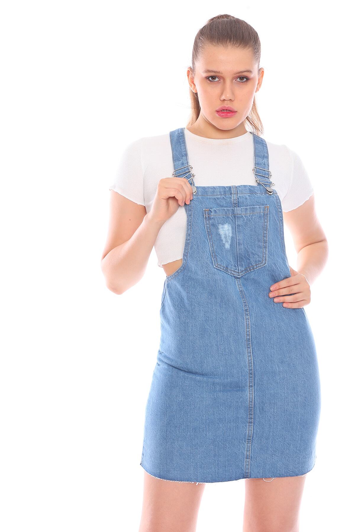 PodiumStar Kadın Mavi Salopet Elbise