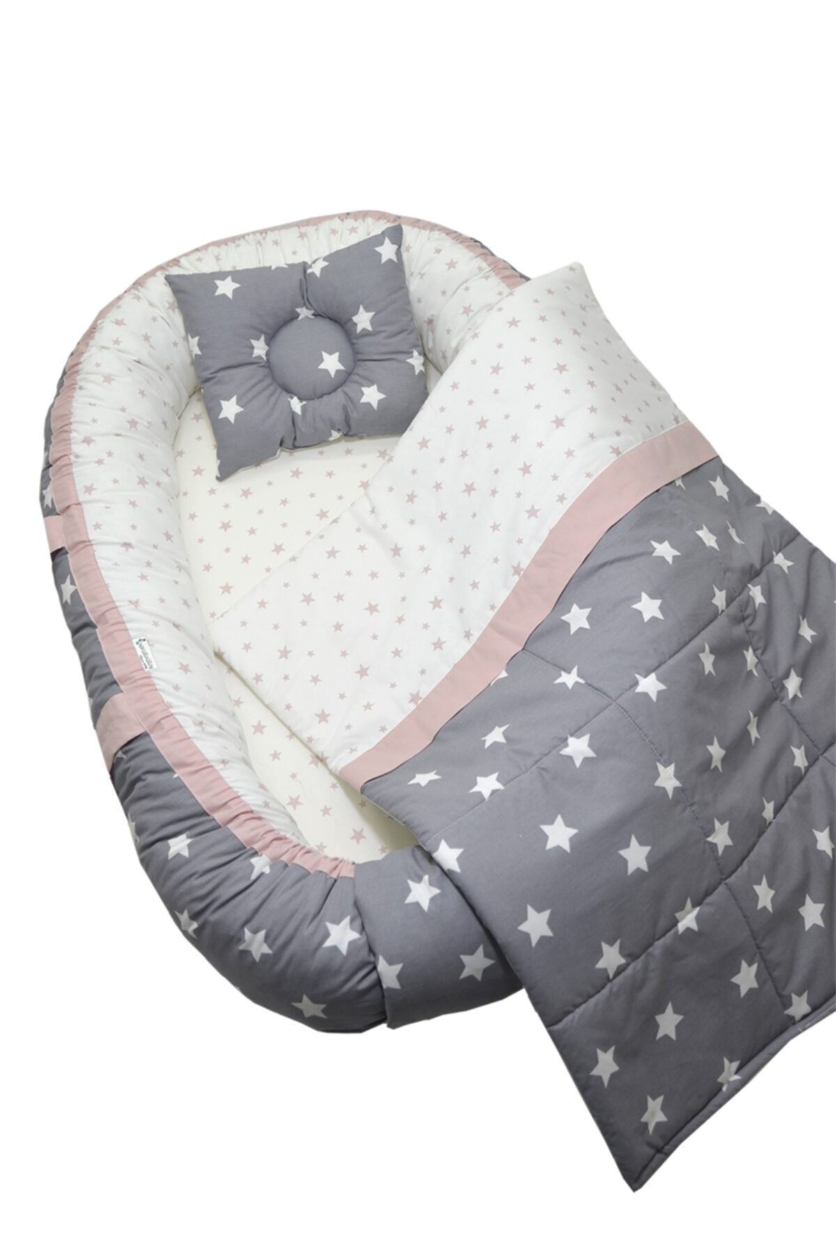 berababy Babynest Pikeli Gri Ve Pudra Kombin Bebek Yuvası 3 Parça Set