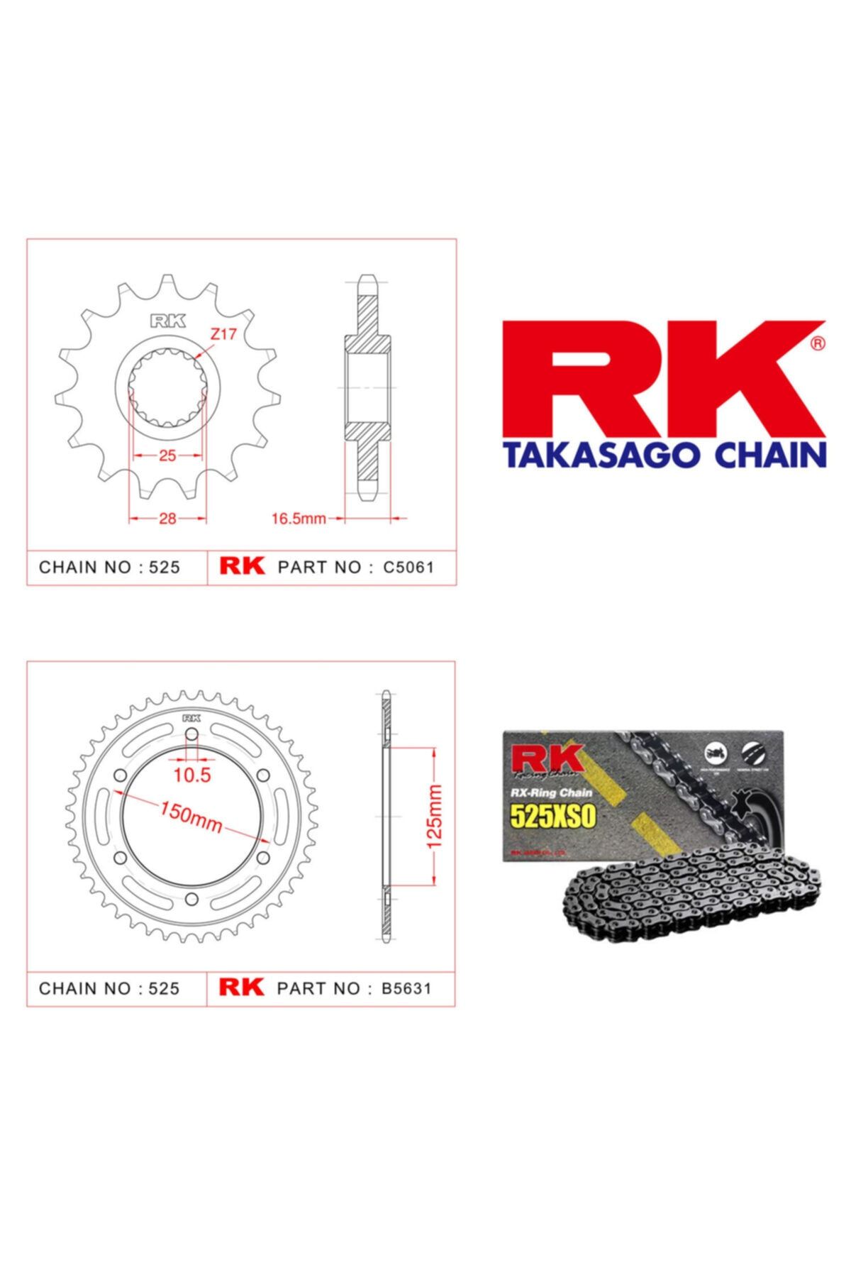 RK Ktm Super Adventure 1290 X-ring Zincir Dişli Set 525 Xso 17/42t(2015-2016)