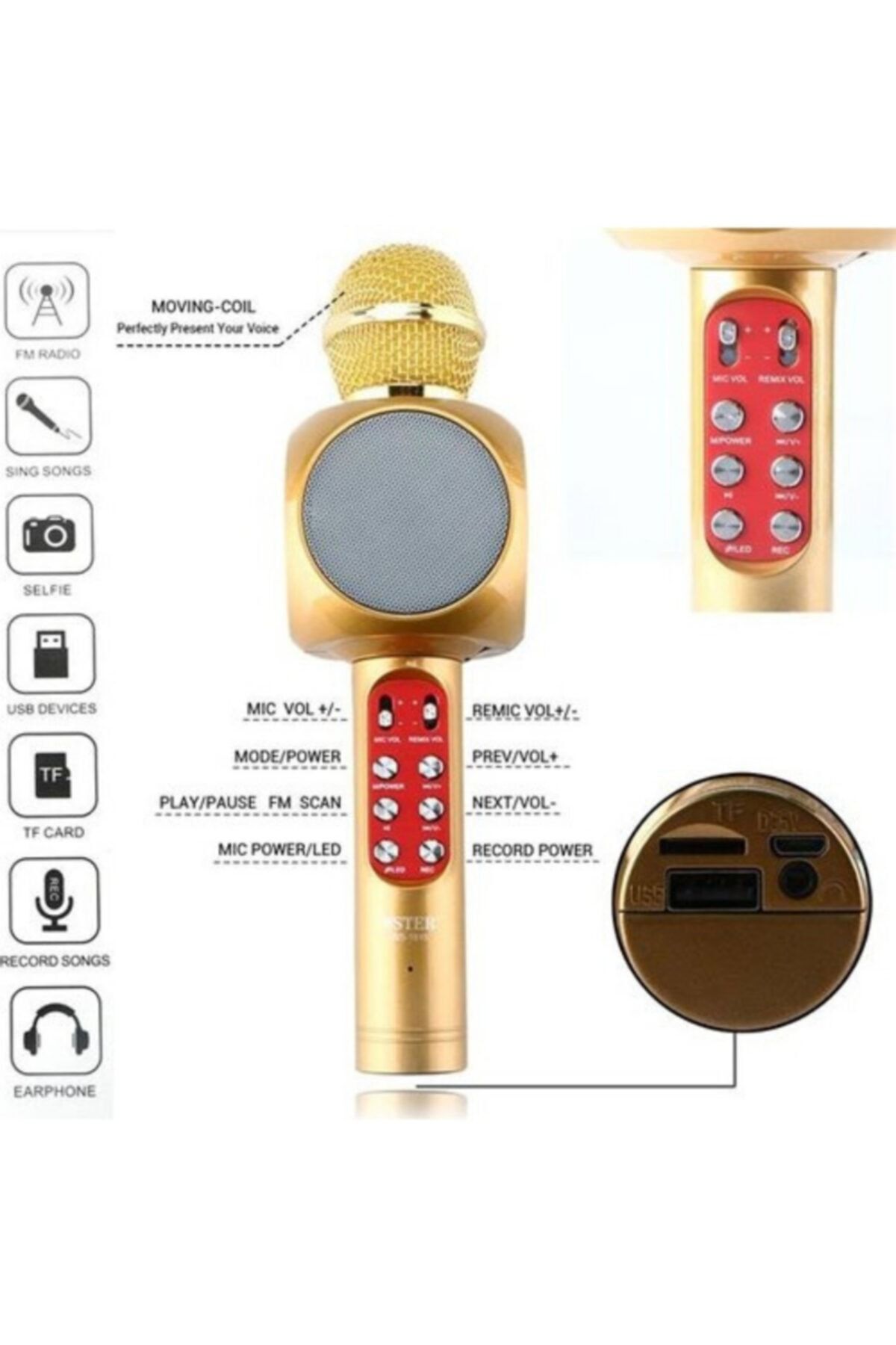 Wster Teknomarketim Led Işıklı Karaoke Mikrofon Ses Topu Bluetooth Hoparlör Sd Kart Usb Aux Gold